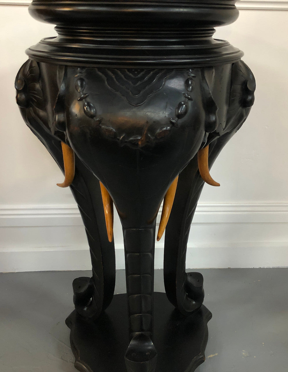 Fabulous French ebonized Elephant pedestal /plant stand with lovely carved detail and in good original detailed condition.