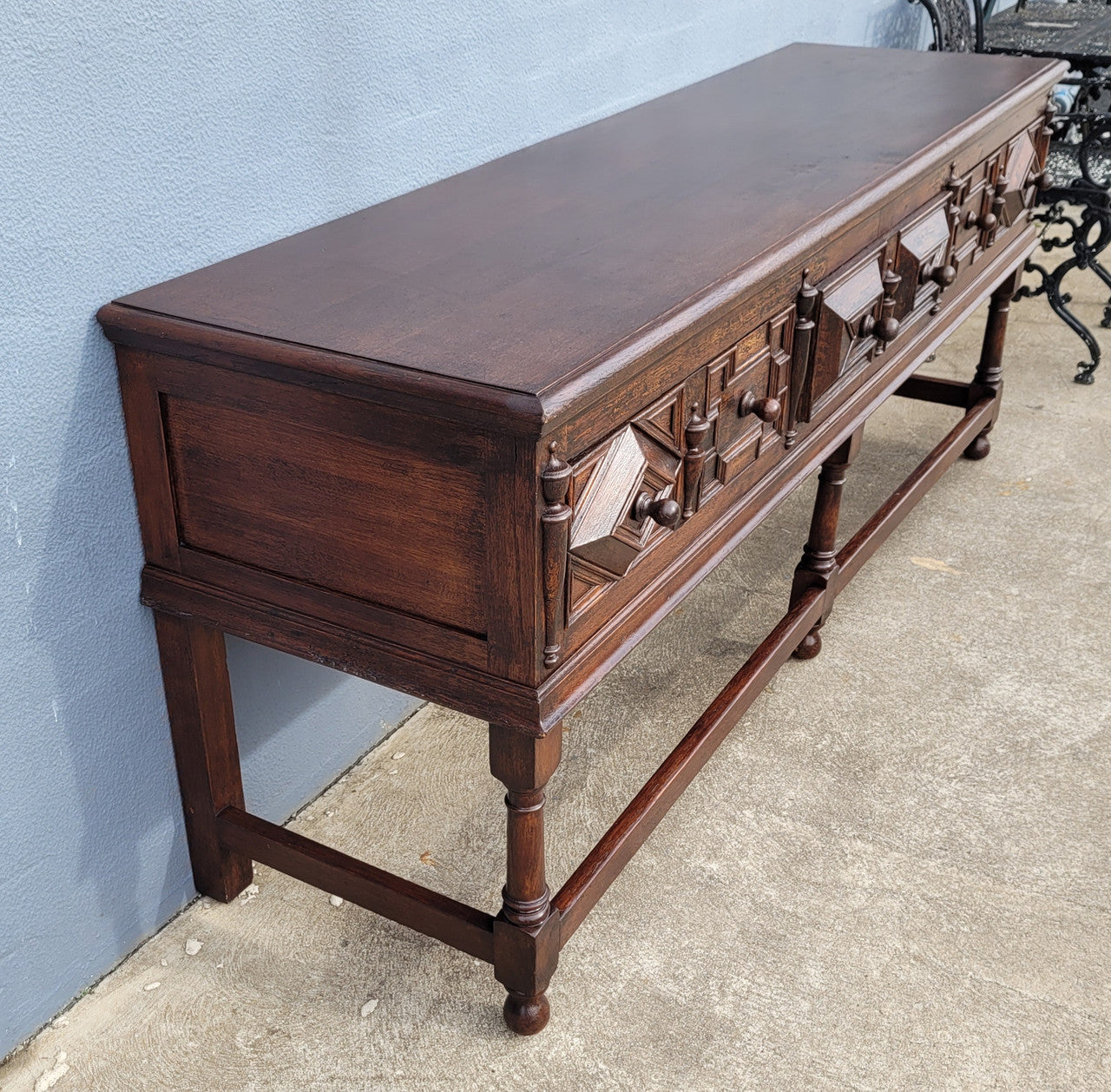 19th Century French Oak Henry the 2nd style console/side table/ TV unit with two drawer with beautiful carvings. It is in good original detailed condition.