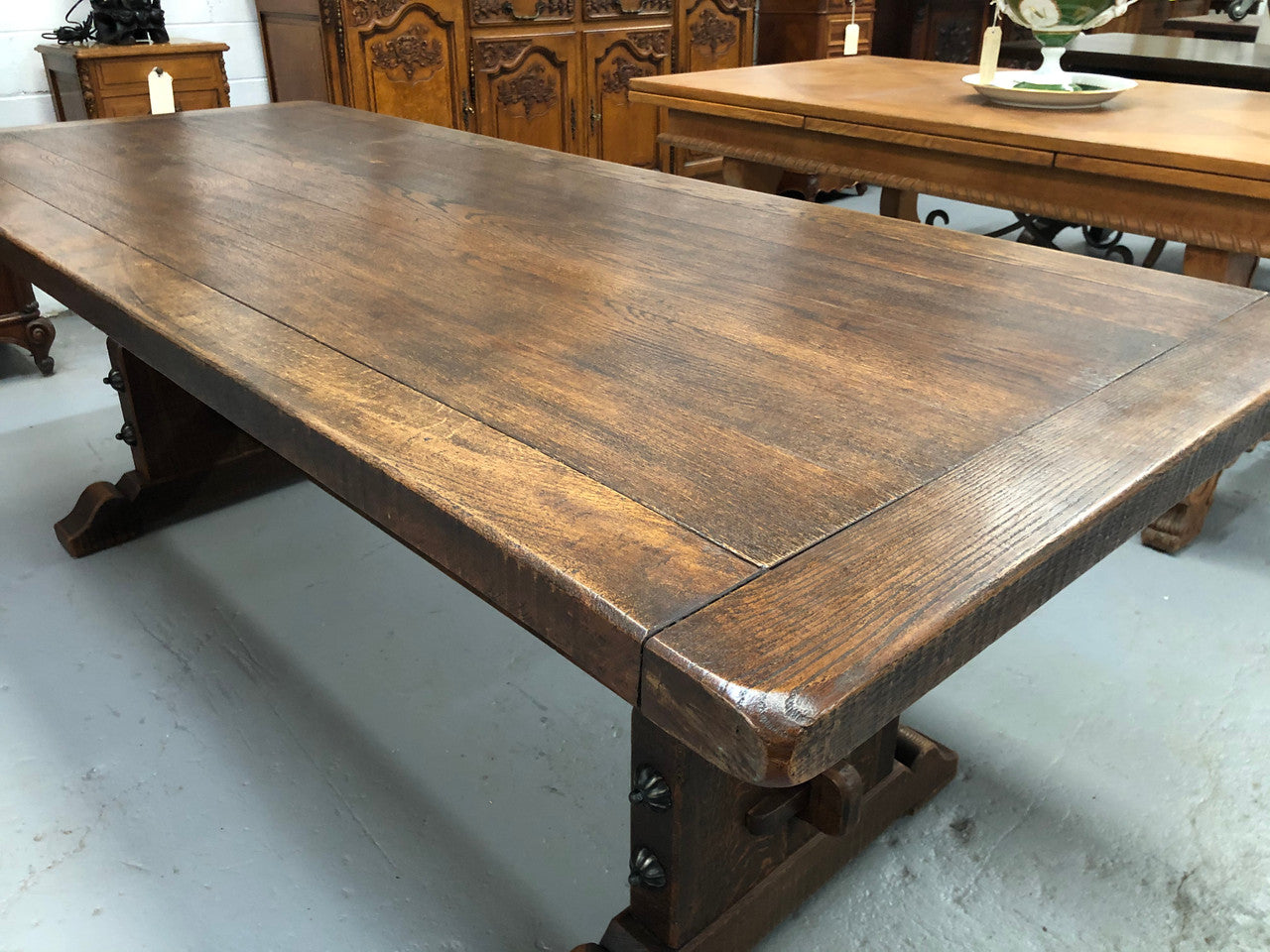 French Oak stretcher base Farmhouse dining table. In good original detailed condition.
