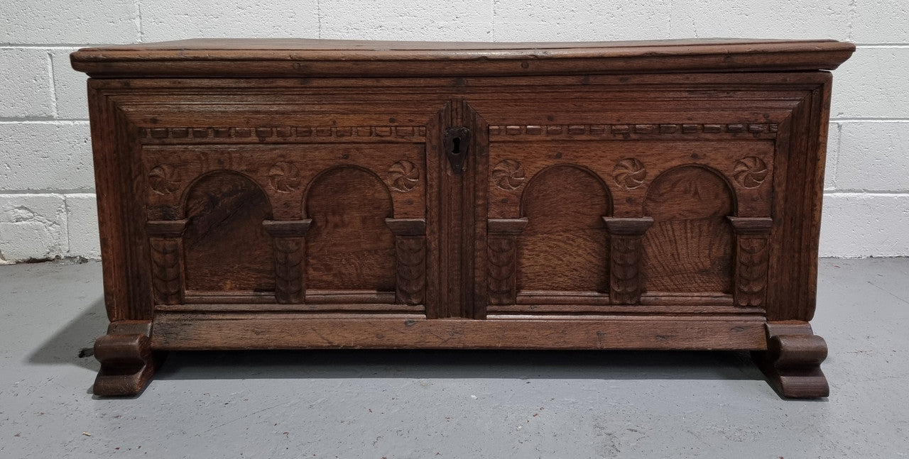 Fabulous carved French oak Antique Coffer / Chest with a lift up lid and loads of beautiful character in good original detailed condition.
