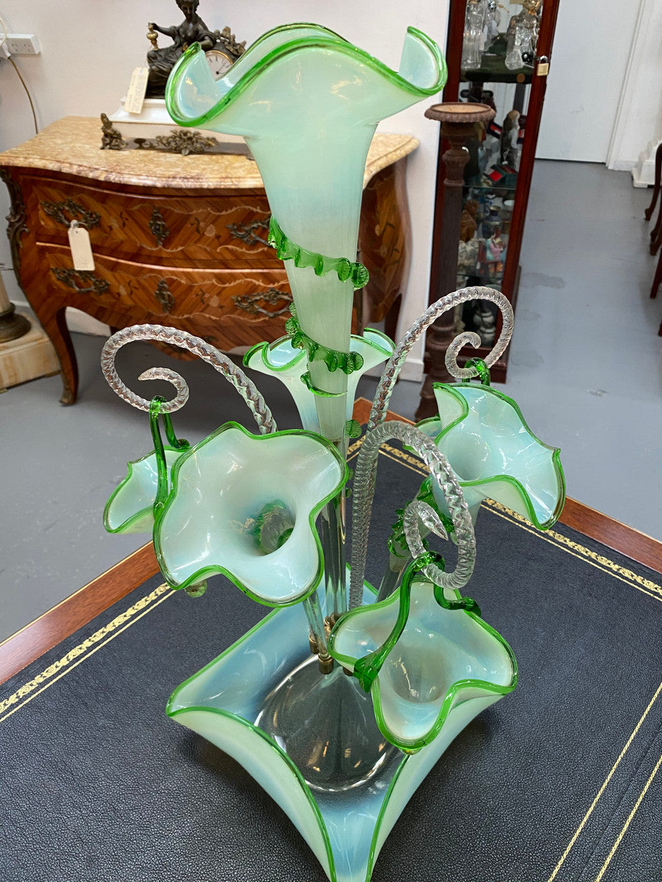 Large & rare victorian vaseline glass epergne. All complete with trumpets canes & baskets and all in good condition.