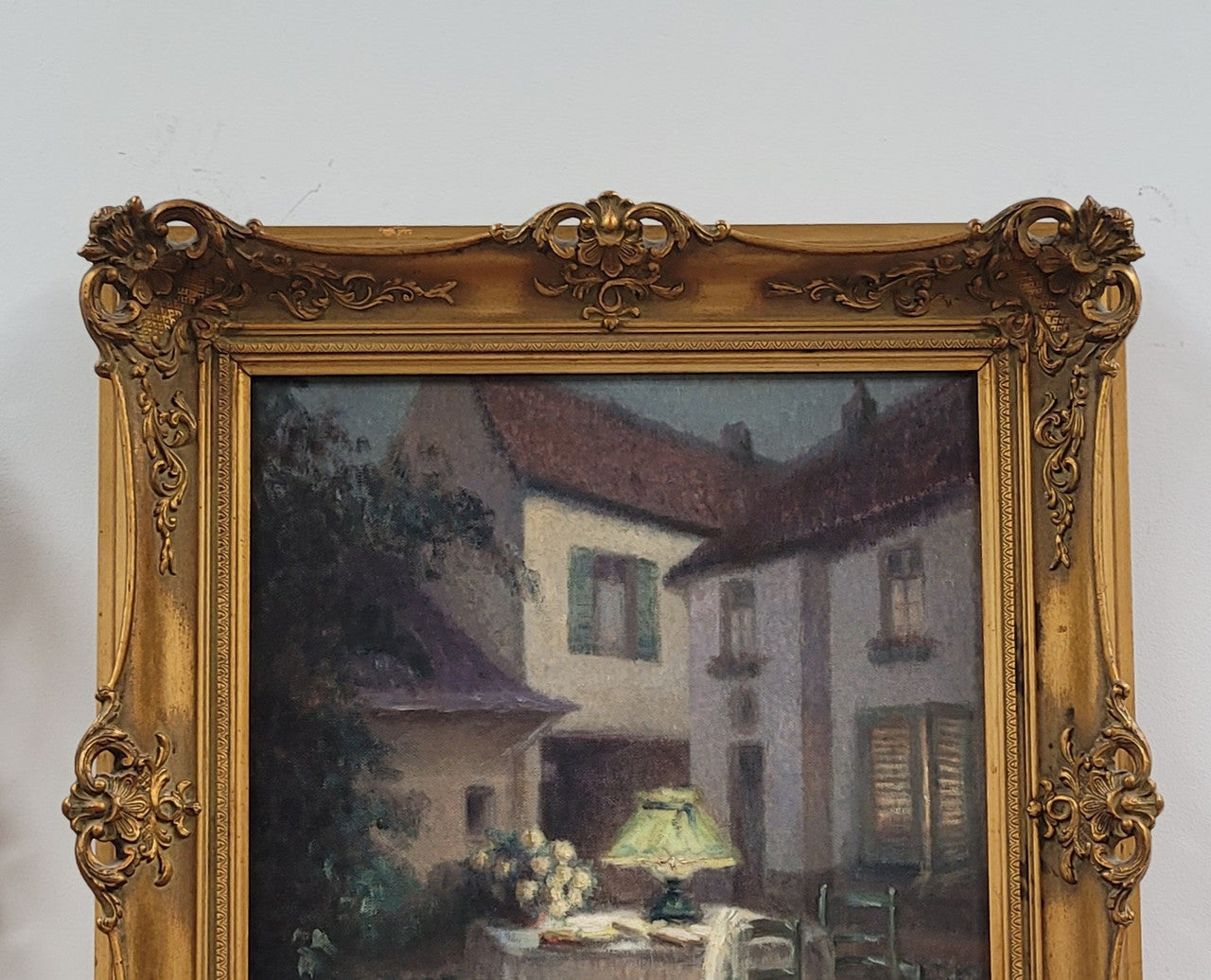 French Antique gilt oil on canvas "Garden Scene". It is signed and is in good original detailed condition.