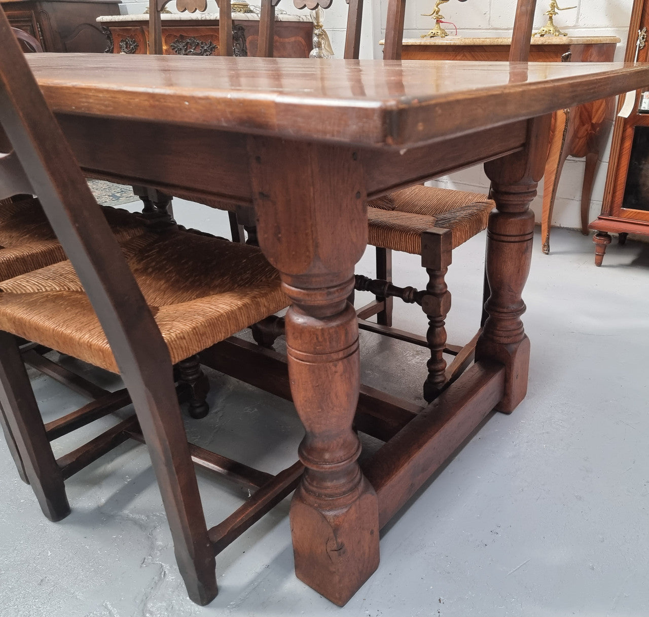 Vintage French Oak stretcher base farmhouse table. It is in good original condition.