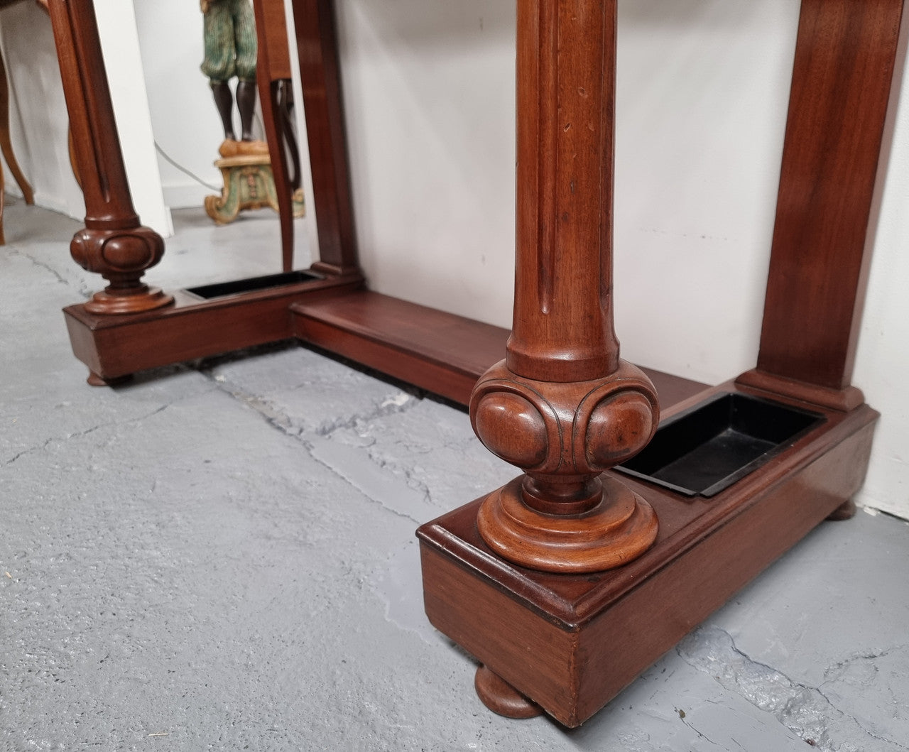 Classic Victorian mahogany console table with white marble top, one drawer and accommodation for sticks/umbrellas. In good original detailed condition.