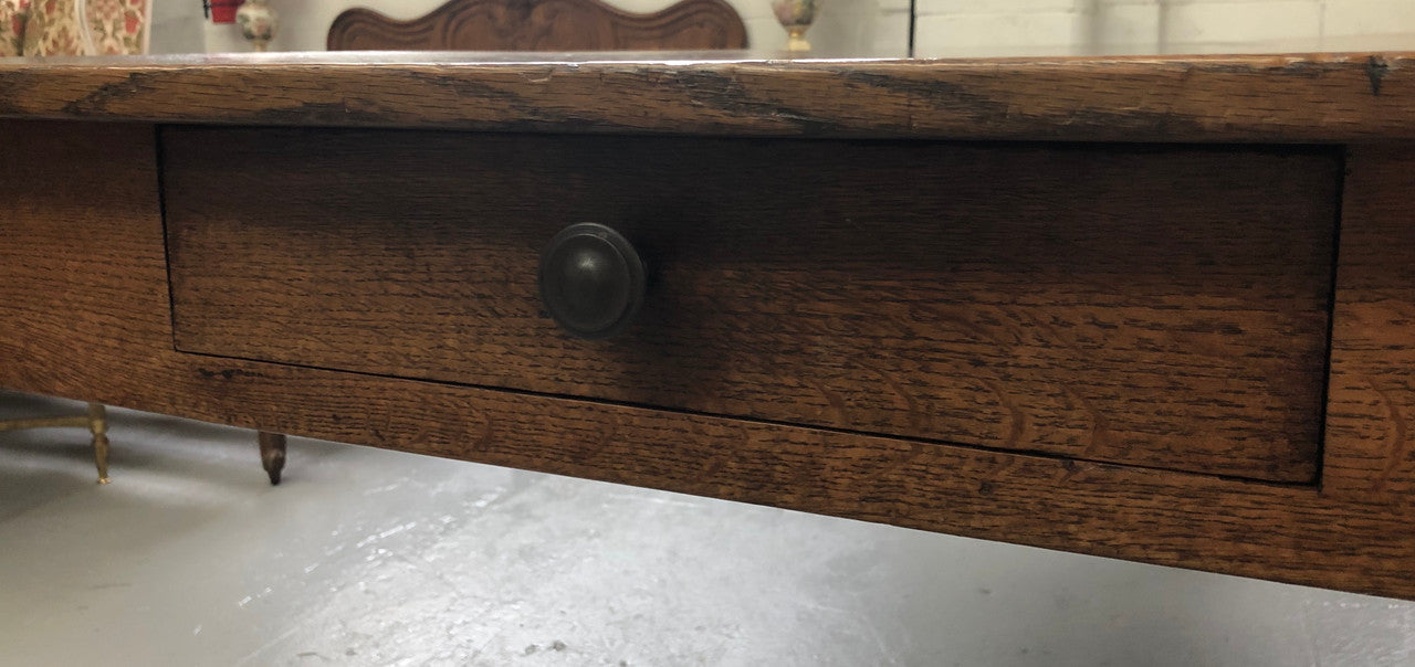French Elm & Oak Farmhouse Table With Tapered Legs & Drawers