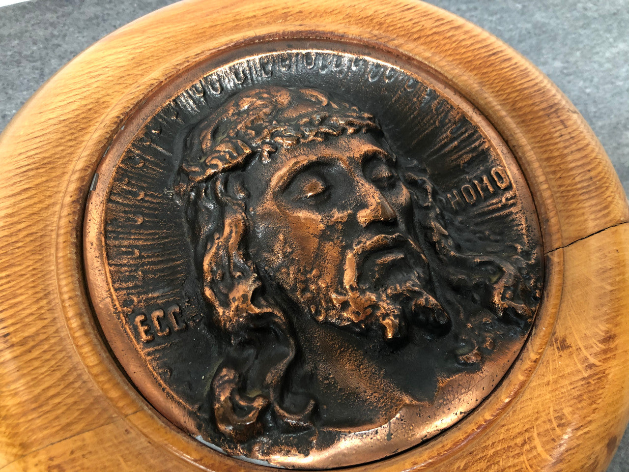 Italian Copper Plaque Of Jesus Set In Fruitwood Frame