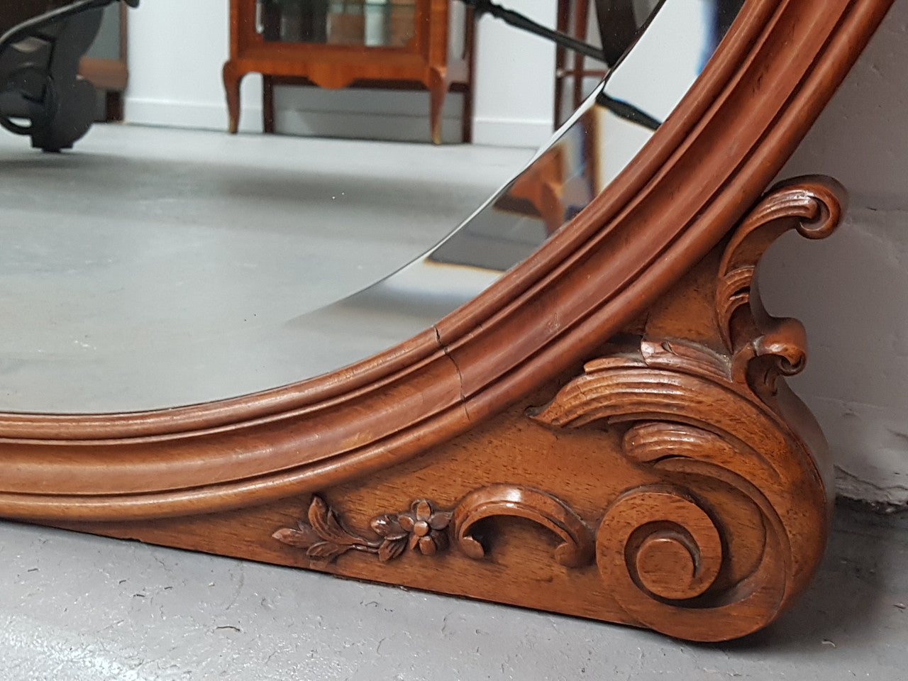 French Antique Louis XV Style Walnut Bevelled Glass Mantle Mirror