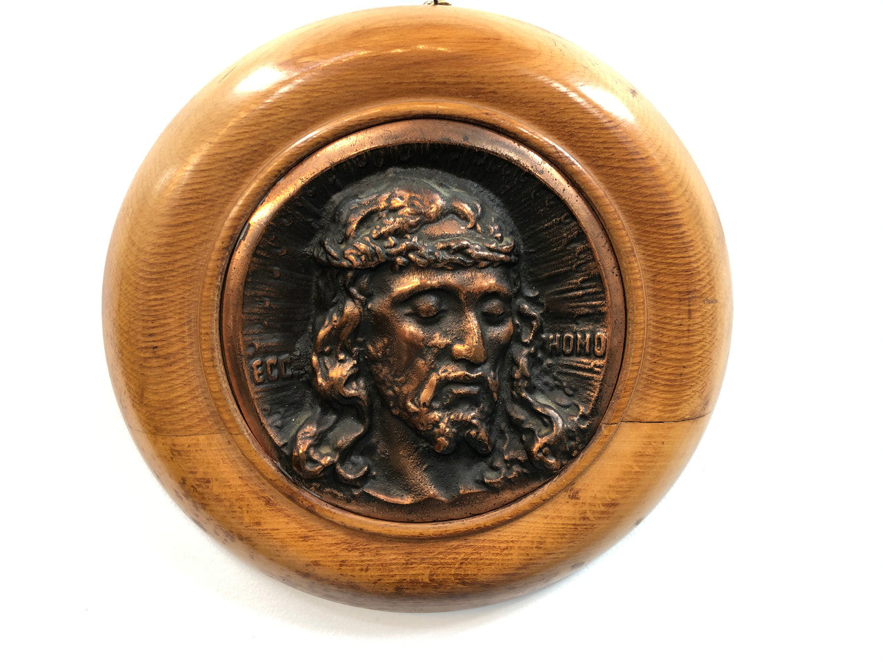 Italian Copper Plaque Of Jesus Set In Fruitwood Frame