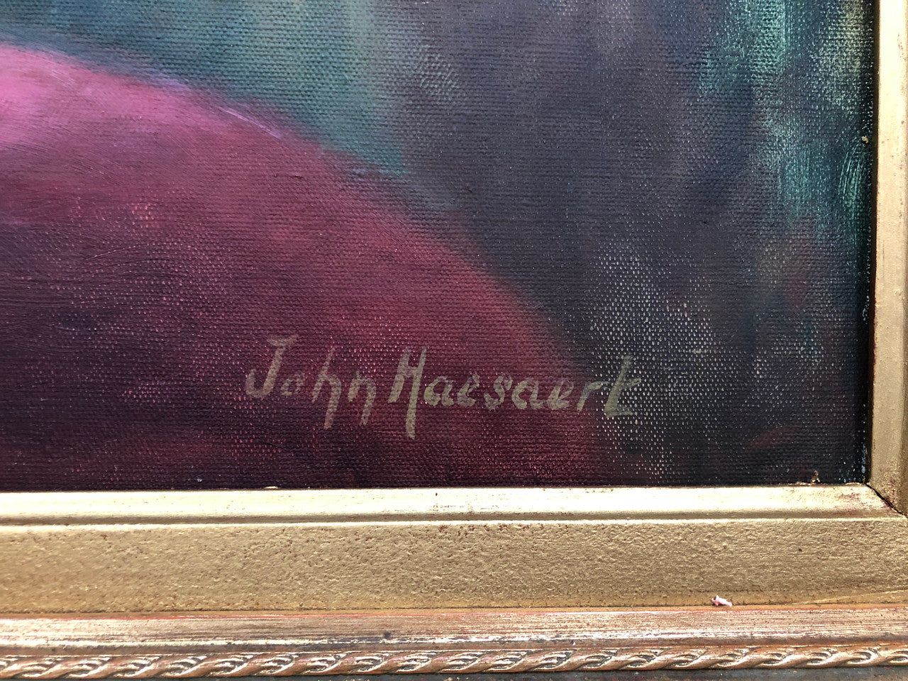 Vintage sourced in France, Belgium signed oil on canvas of a "Floral Study". Stunning vibrant colours and in a original gilt frame. In good original detailed condition.