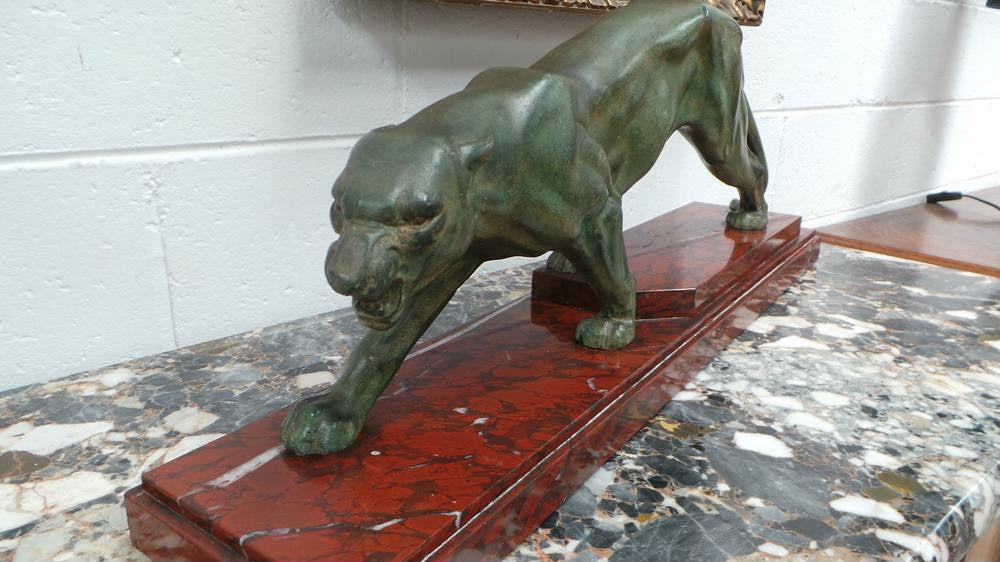 French Art Deco Panther Statue On Marble Base