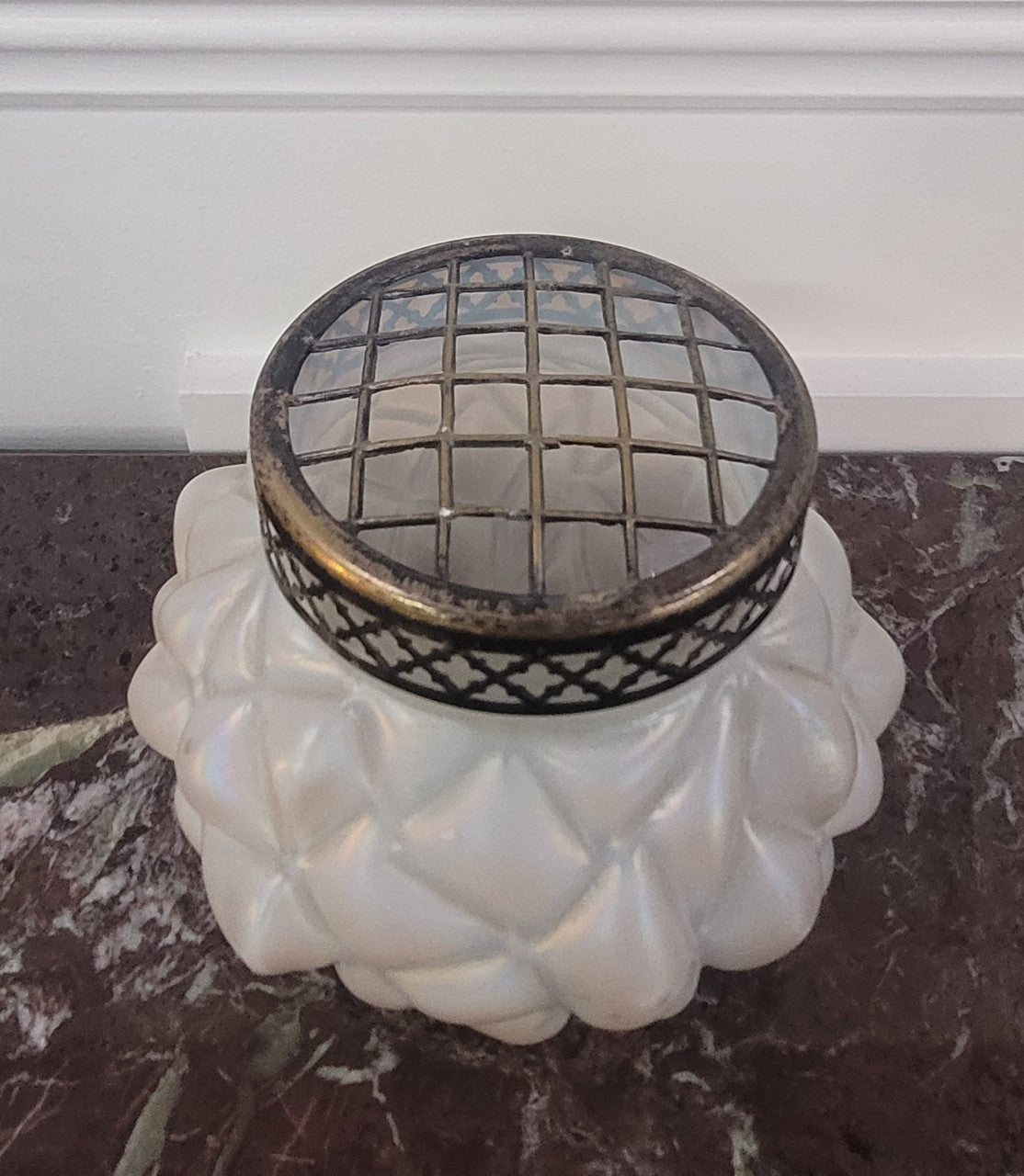 Iridescent Loetz glass vase with flower insert. Please view photos as they help form part of the description.