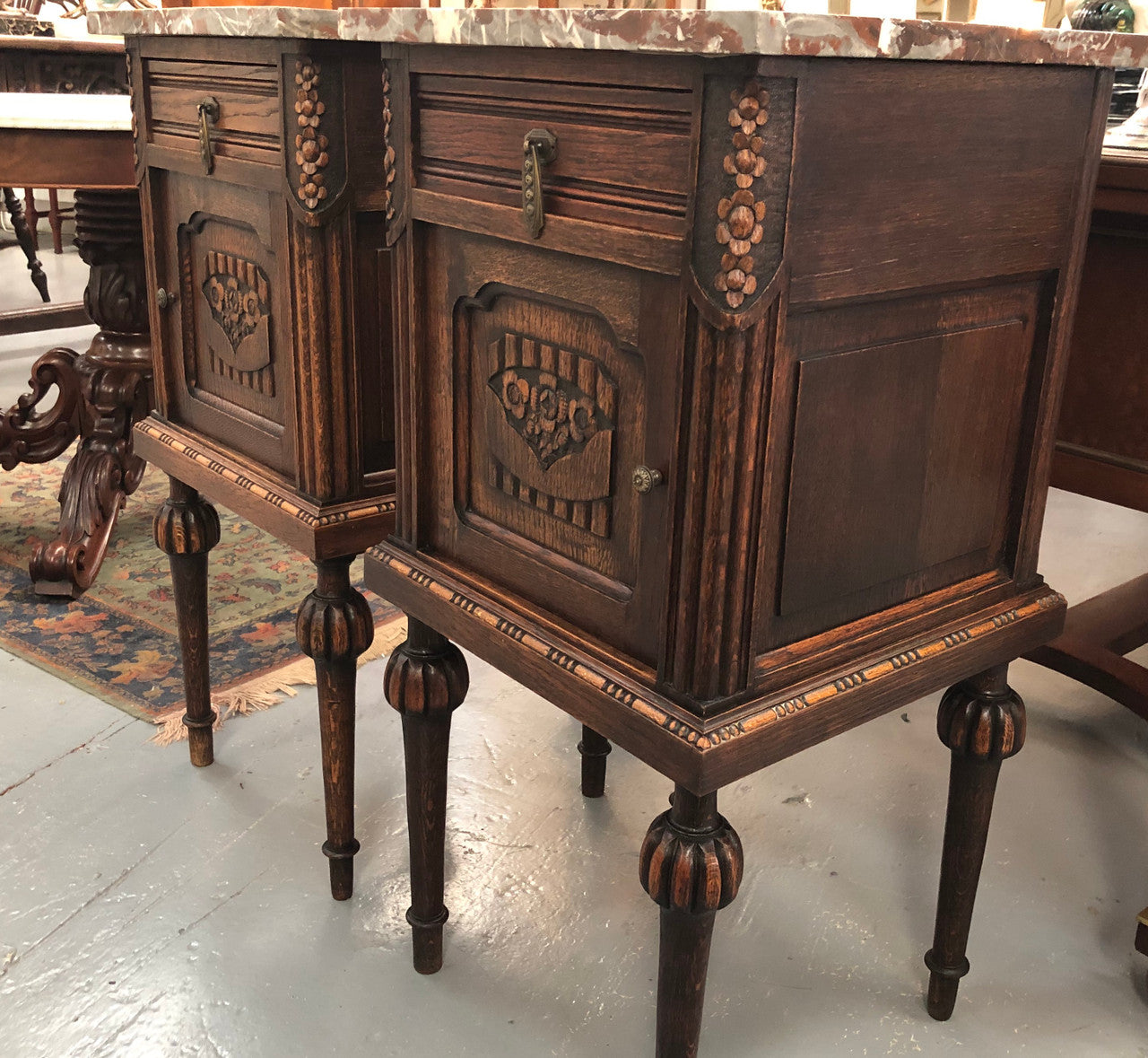 Pair Of French Oak Marble Top Henry II Style Bedside Tables