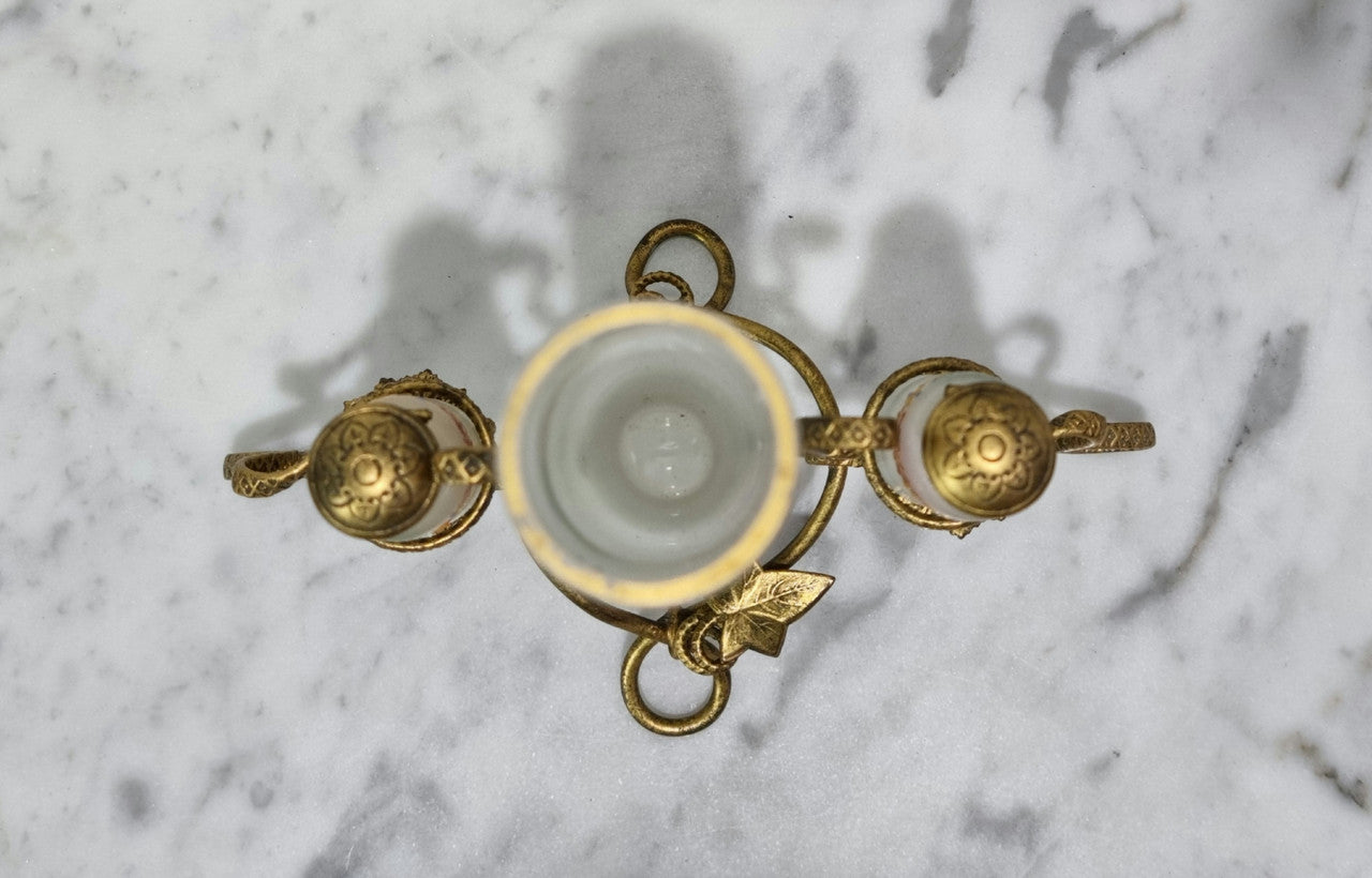 French 19th century perfume set in a gilt metal stand. Opaline glass beautifully hand painted and is in good original condition, please view photos as they help form part of the description.
