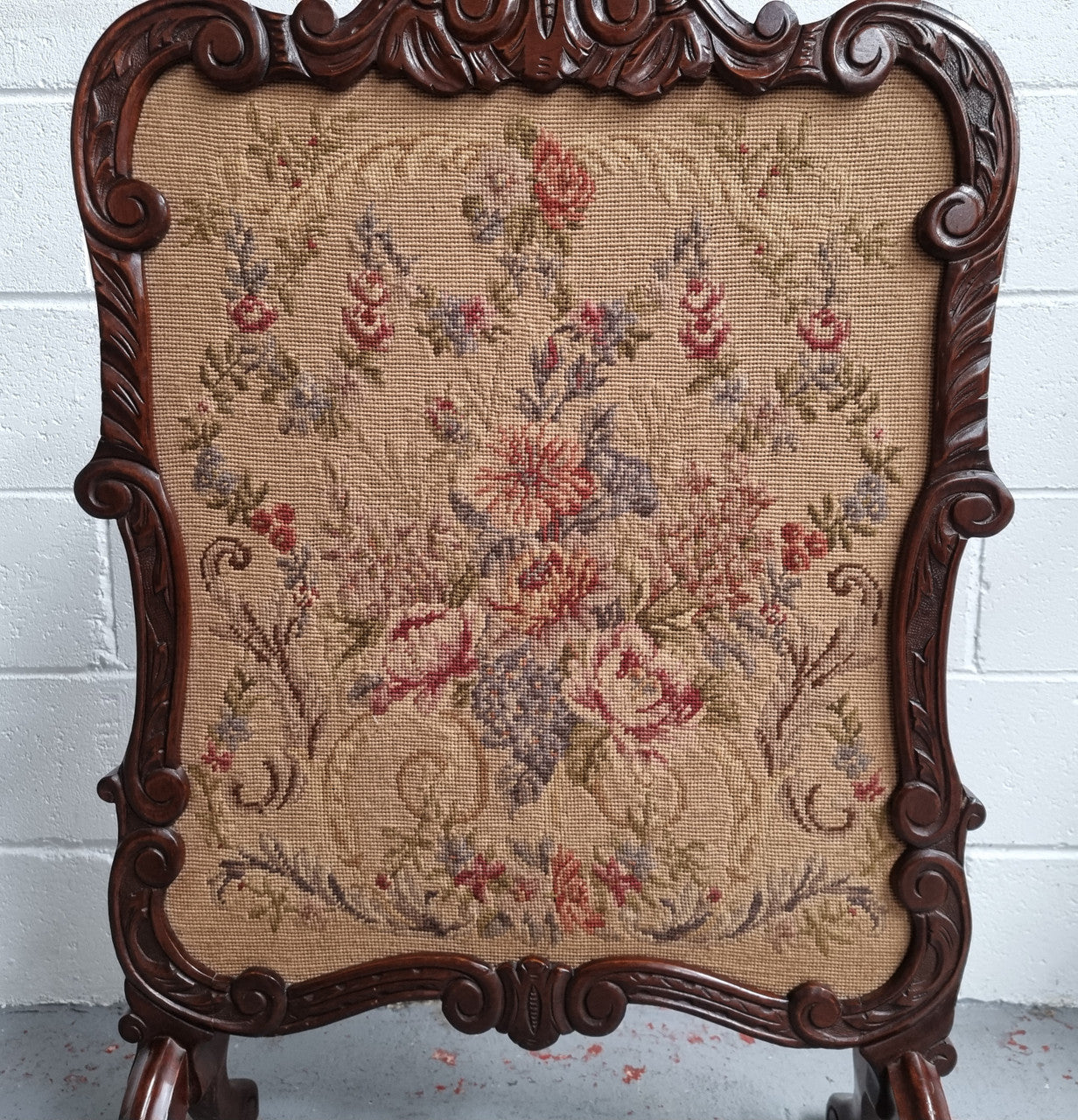 Attractive Carved Wooden Framed Fire Screen featuring Tapestry. In good detailed condition.