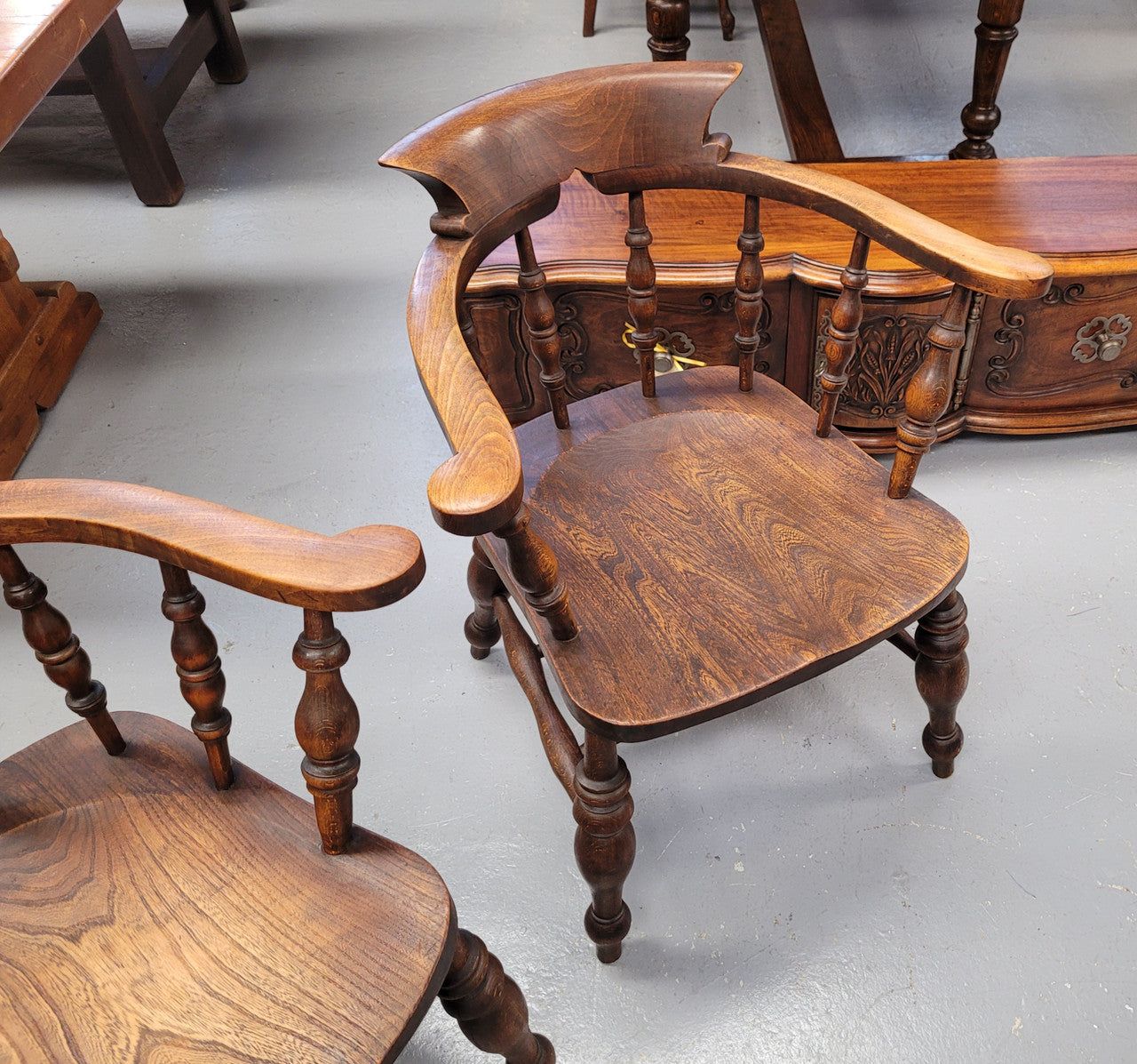 Just landed from France we have four amazing Victorian bow back chairs traditionally called a "smokers chair". They have been constructed from beautiful solid Elm wood and are very comfortable to sit in. All four are in good original detailed condition and are being sold individually for $550.00 each. Please contact us know if you would like more photos or information.