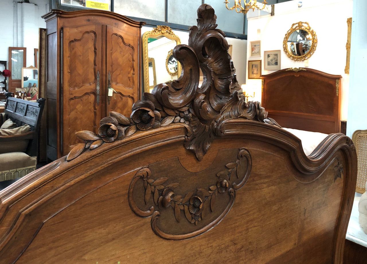 French Walnut Louis XV style queen size bed. Comes with custom made slats, all you need to is place you mattress on top.