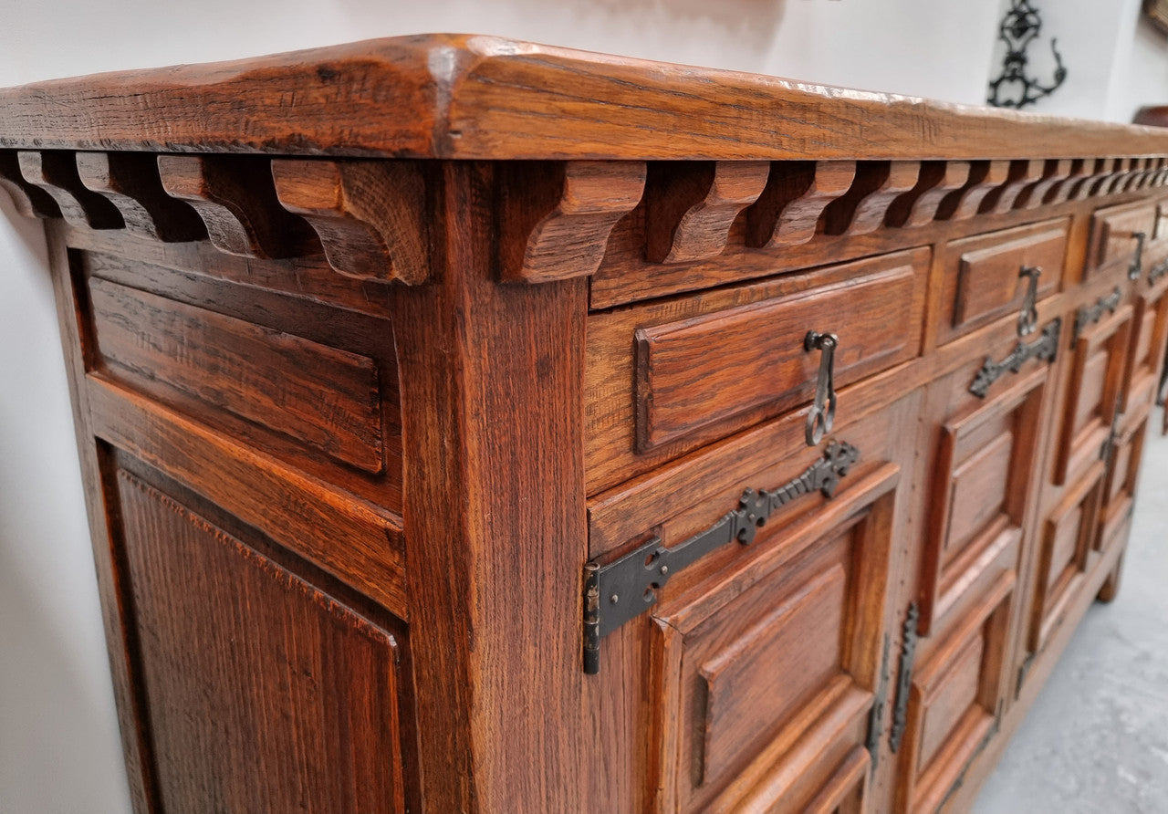 Large French Oak Spanish Style 4 Door Buffet
