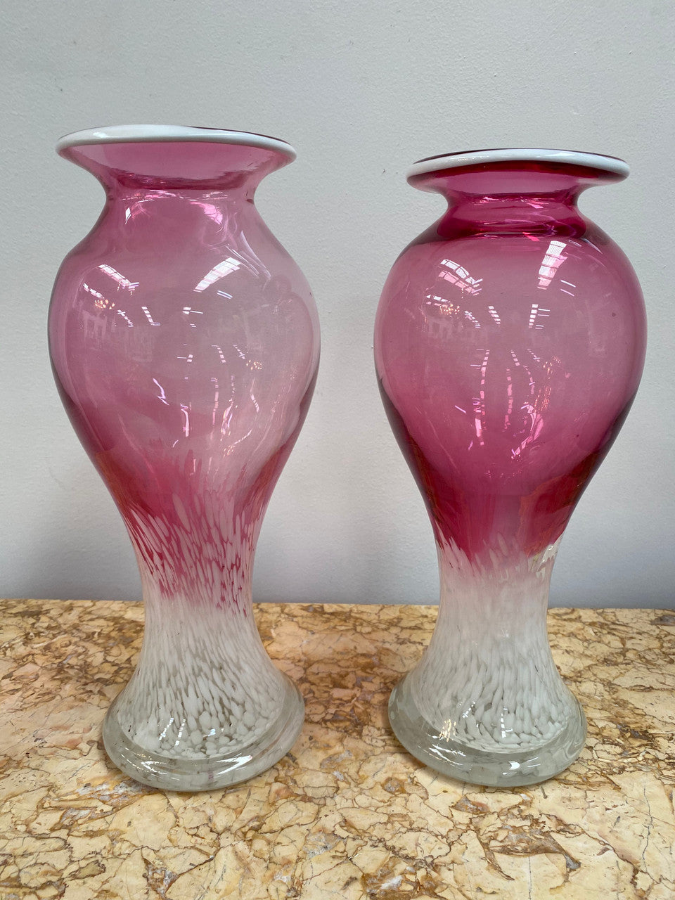 Pair of large Edwardian Ruby & Milk art glass vases. Handmade and in good condition. Circa 1900.