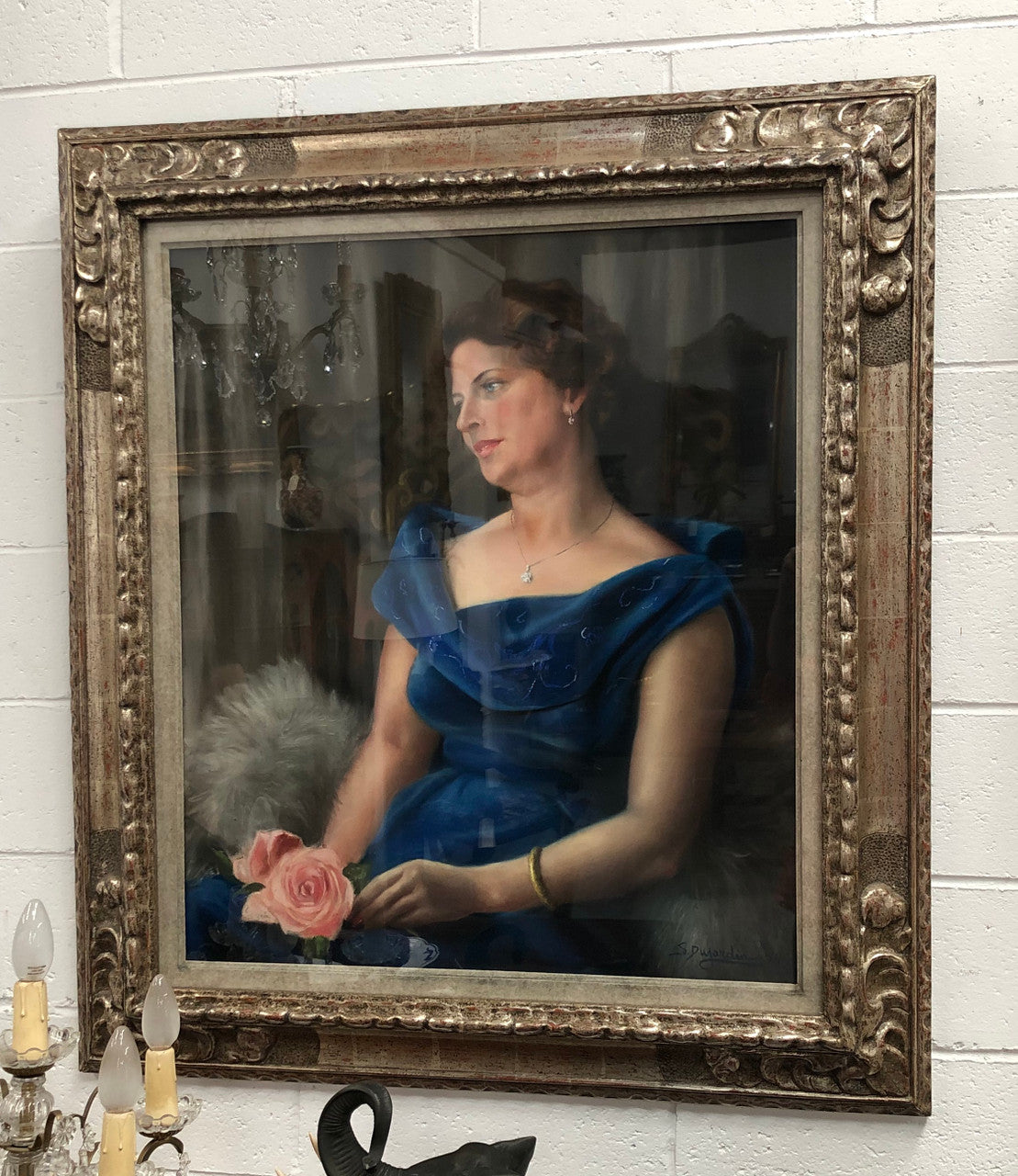 Belgian silver gilt framed pastel of a lady with rose, signed "Simon Dujardin" born 1900. Circa 1950's. Being a pastel artwork it is under glass to protect it.