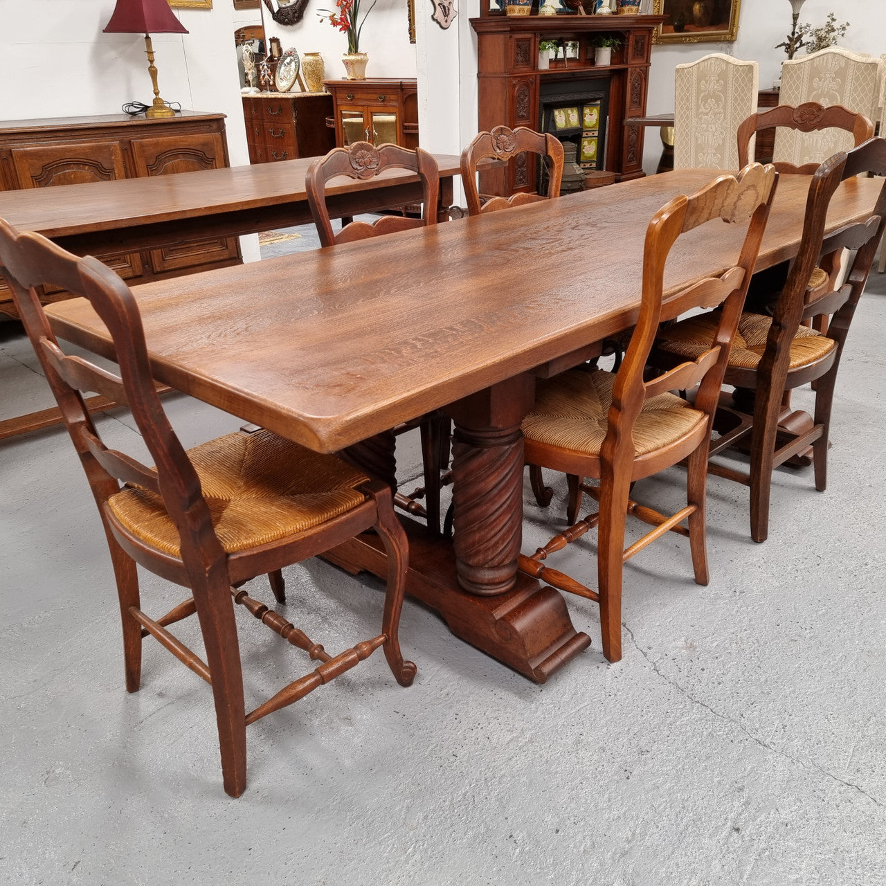 Amazing French Oak Spanish Renaissance style dining table with beautiful decorative iron work. It has been sourced from France and can comfortable seat 8- 10 people. Sourced from France and is good original detailed condition.