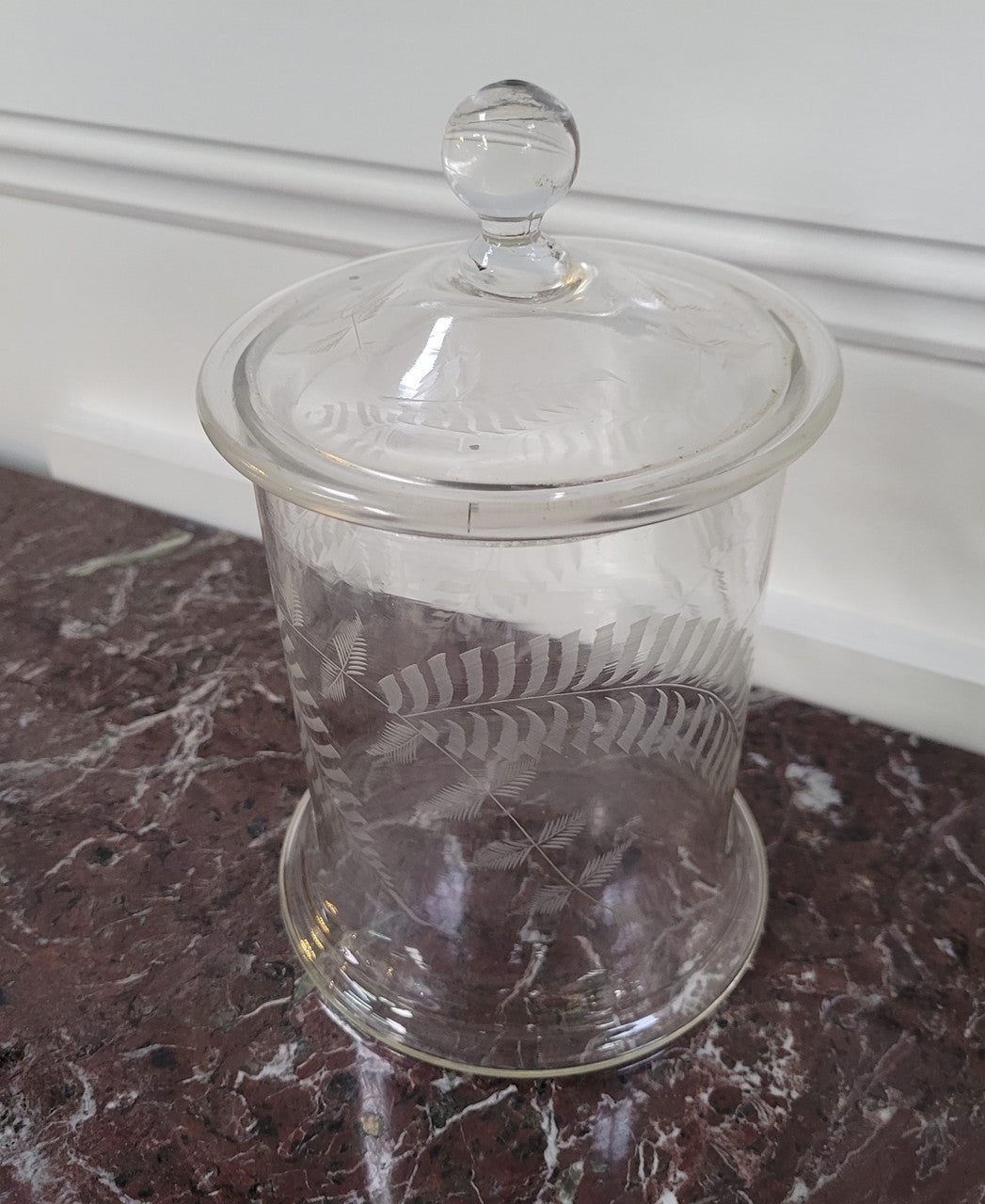 Victorian etched glass lidded jar. Please view photos as they help form part of the description.