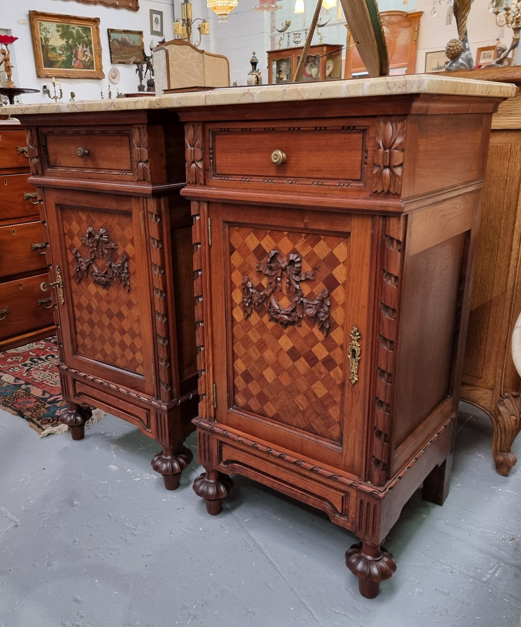 Impressive Pair of Walnut Parquetry Inlaid Henry II Style Marble Top Bedside Cabinets