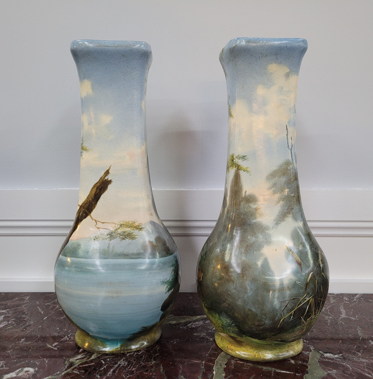 Pair of Victorian hand painted decorative vases depicting women. Please view photos as they help form part of the description.
