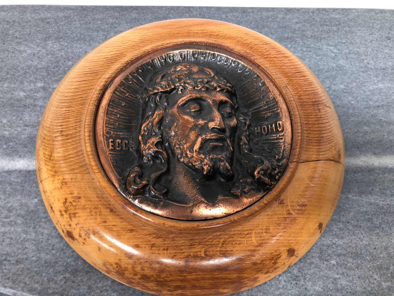Italian Copper Plaque Of Jesus Set In Fruitwood Frame