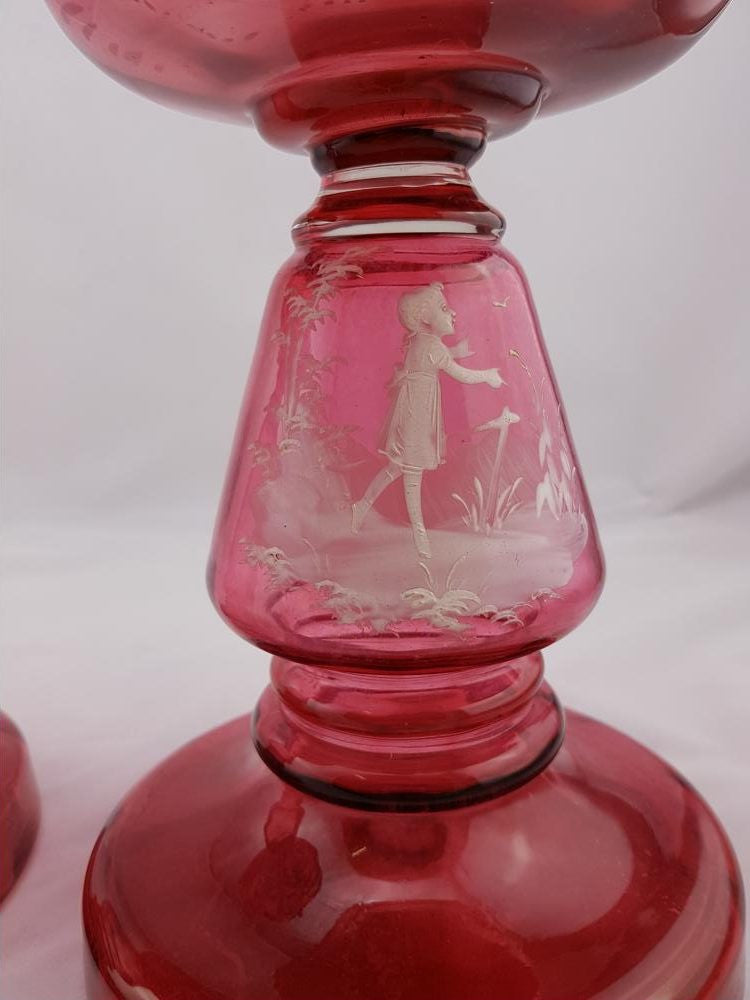 Rare Pair Of Ruby Mary Gregory Glass Kerosene Lamps