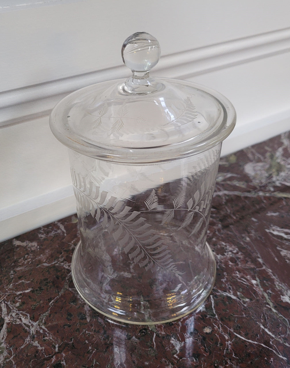 Victorian etched glass lidded jar. Please view photos as they help form part of the description.