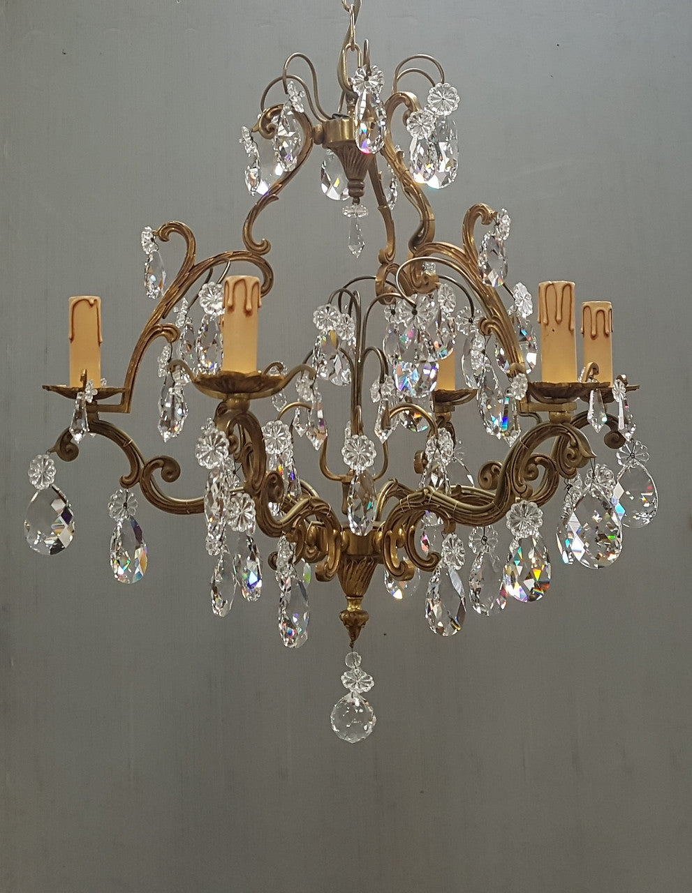 French Brass & Crystal Six Arm Candle Light Chandelier