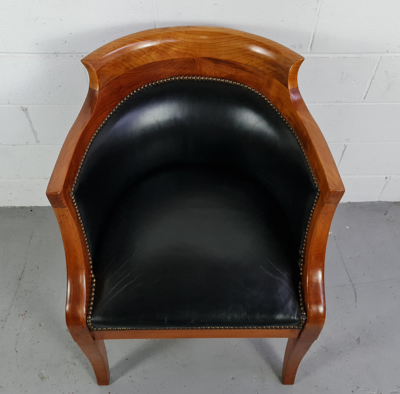 Antique Empire style Walnut and leather office desk chair. In good original detailed condition and leather is in good used condition.