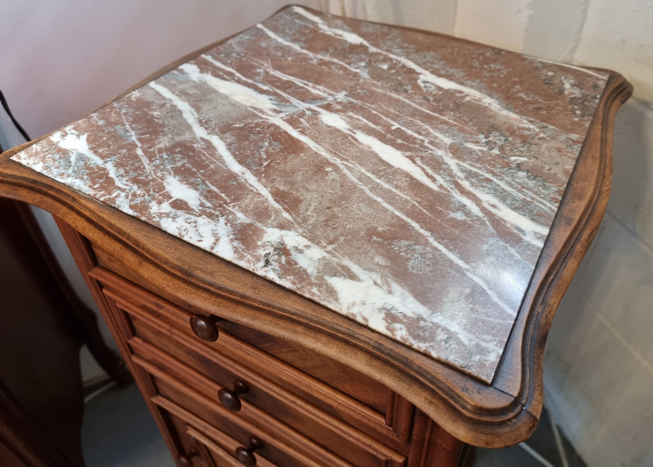Louis XV Style Walnut Bedside-Side Cabinet With Inset Marble Top