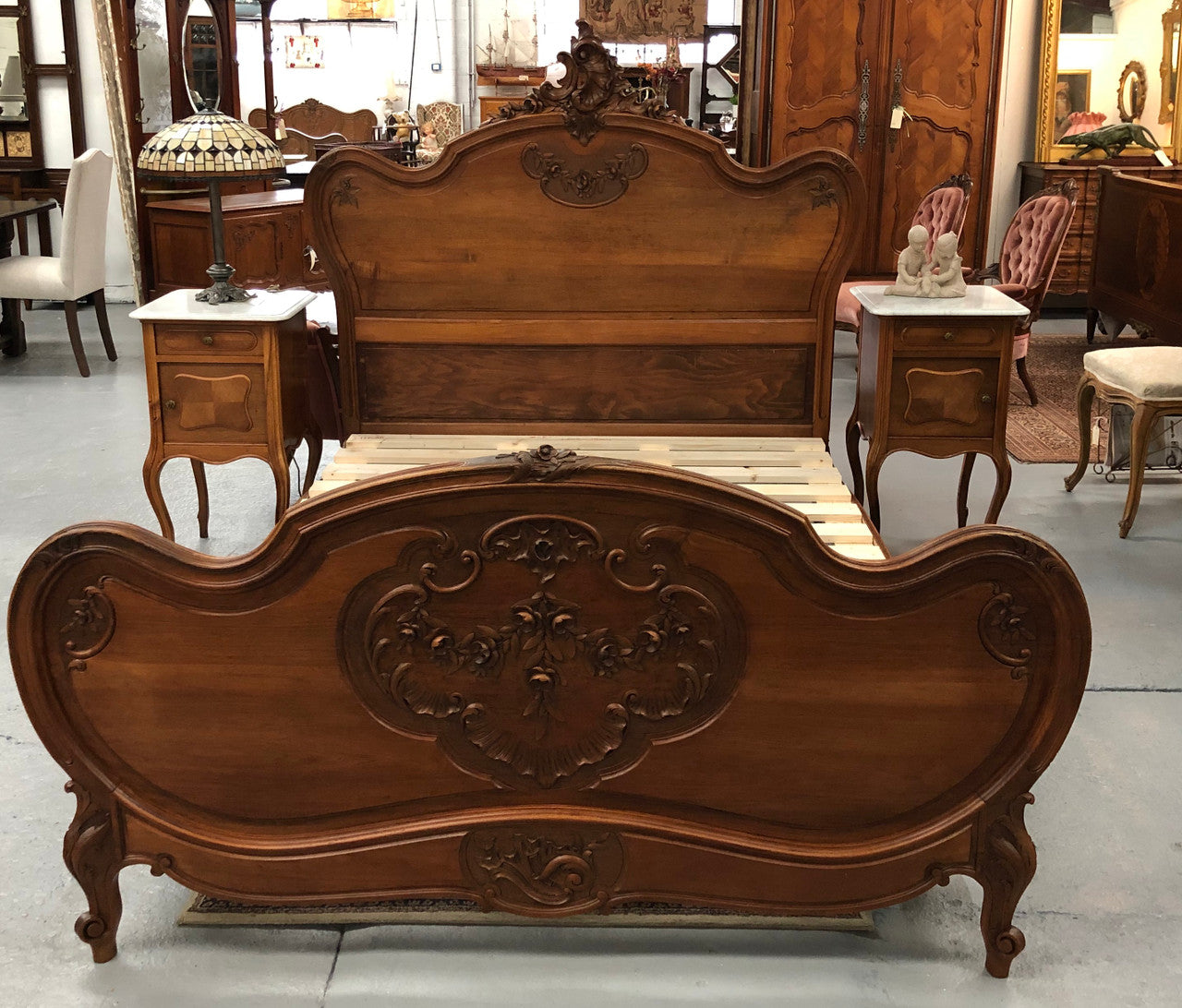 French Walnut Louis XV style queen size bed. Comes with custom made slats, all you need to is place you mattress on top.