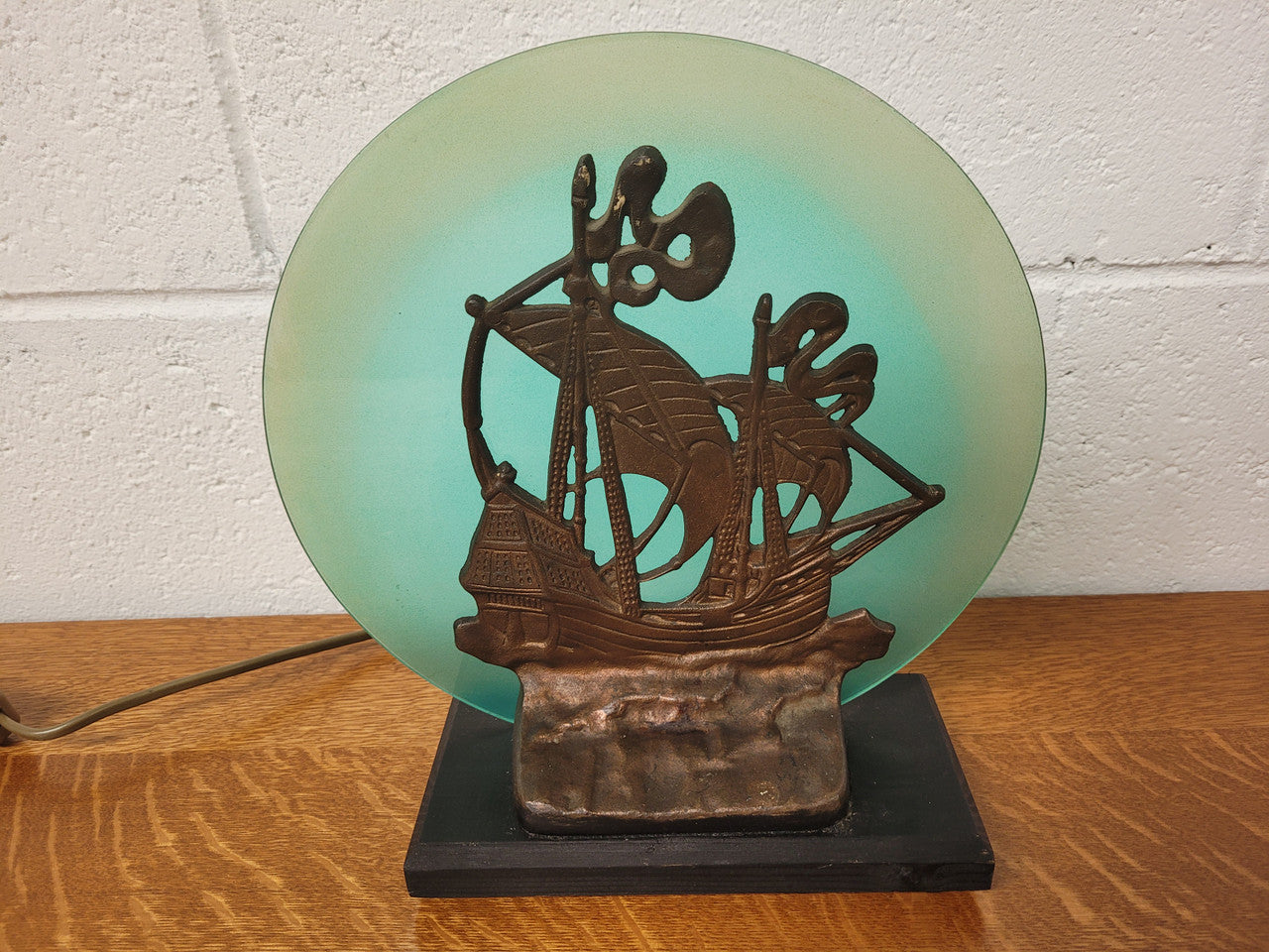 Art Deco bronze glass ships lamp. It has been rewired and is from circa 1920's.