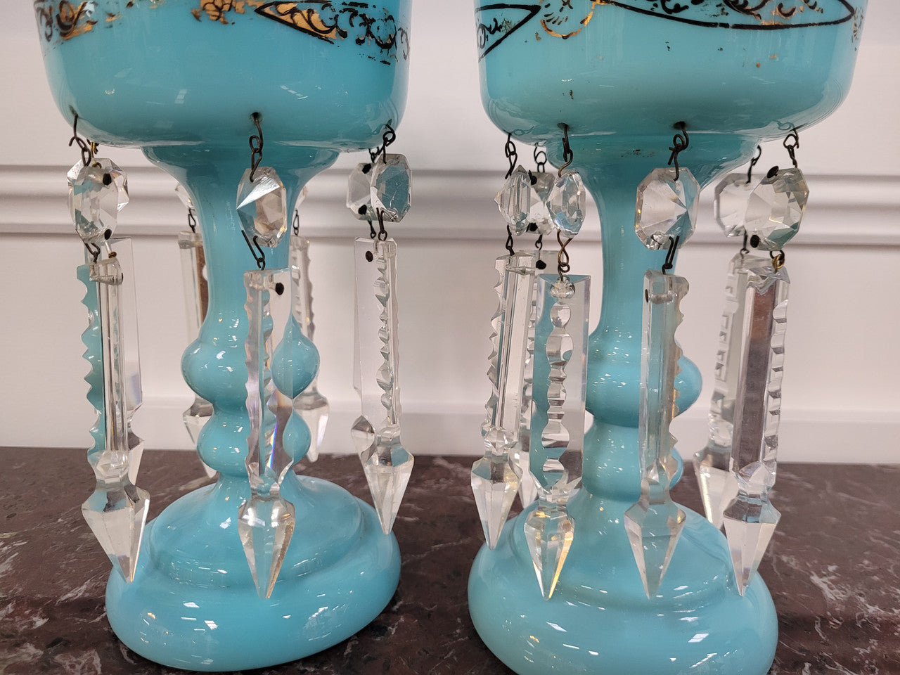 Pair of blue Opaline glass Victorian lustre vases. Please view photos as they help form part of the description.