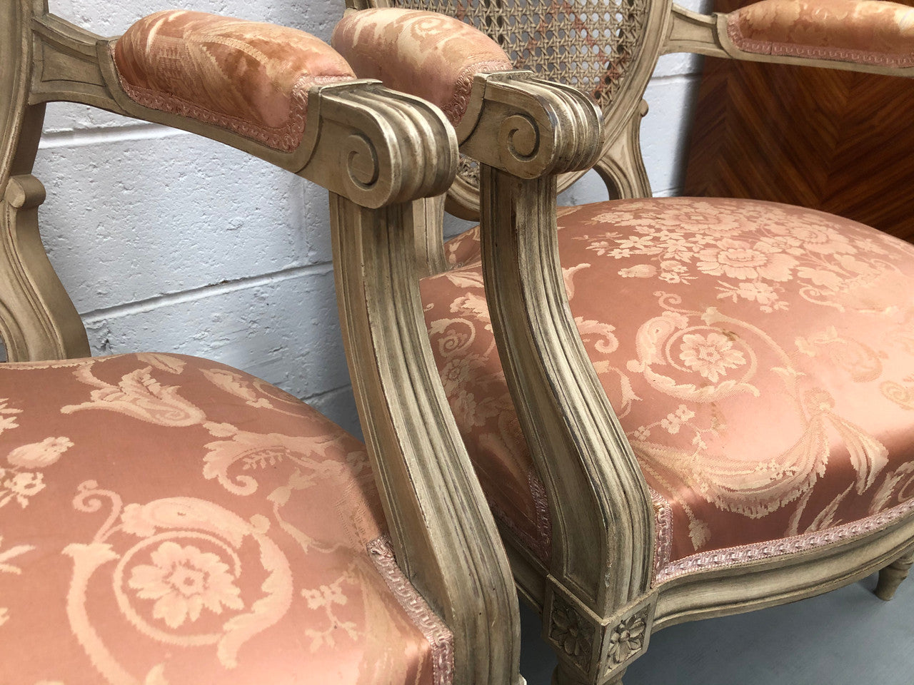 Pair Of French Louis XV Style Cane Back and Upholstered Seat Fauteuils