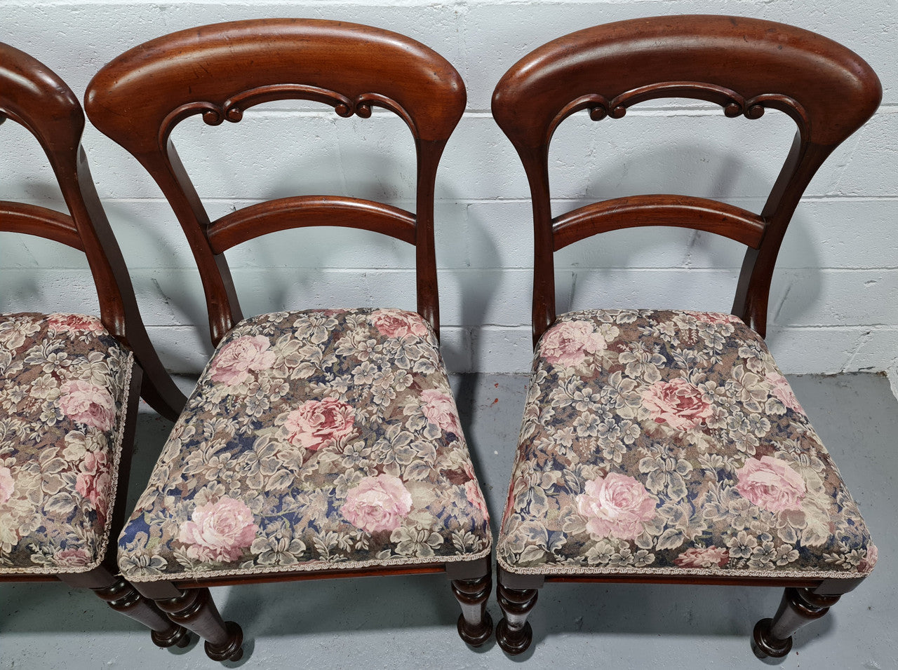 Set of Four Victorian upholstered cedar balloon back chairs. In good original detailewd condition, fabric is also in good used condition.