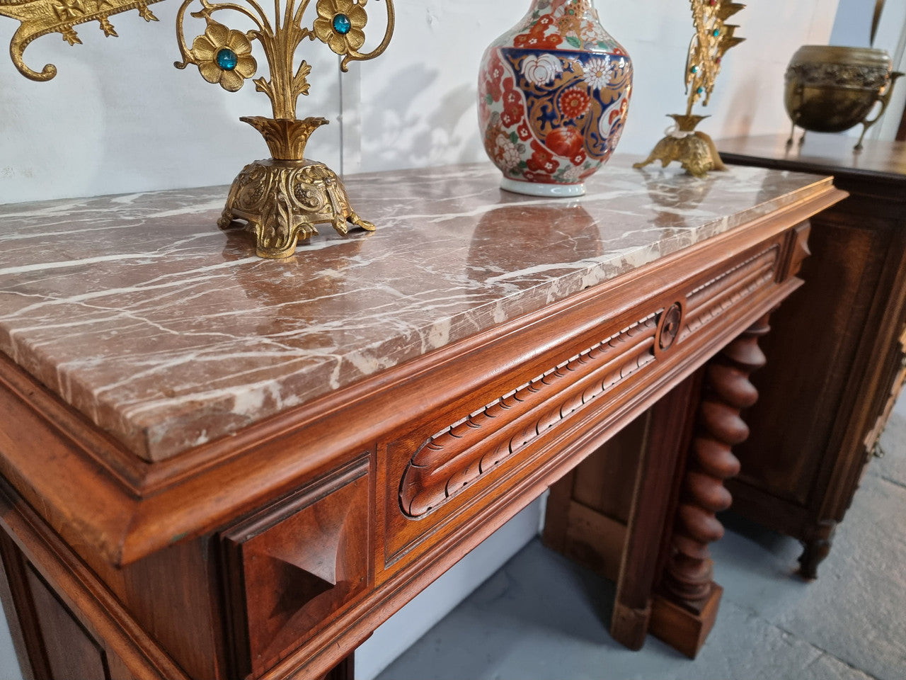 French 19th Century Walnut & Marble Top Fireplace Surround
