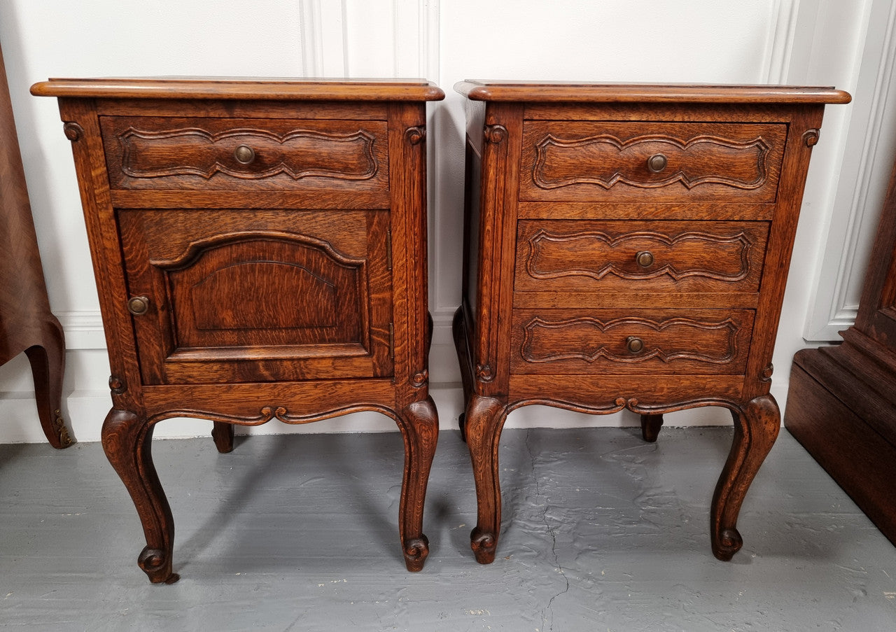 Pair of French provincial Oak bedsides. They have attractive cravings and there is one with three drawers and other one has a cupboard and a drawer. They have been sourced from France and are in good original detailed condition.