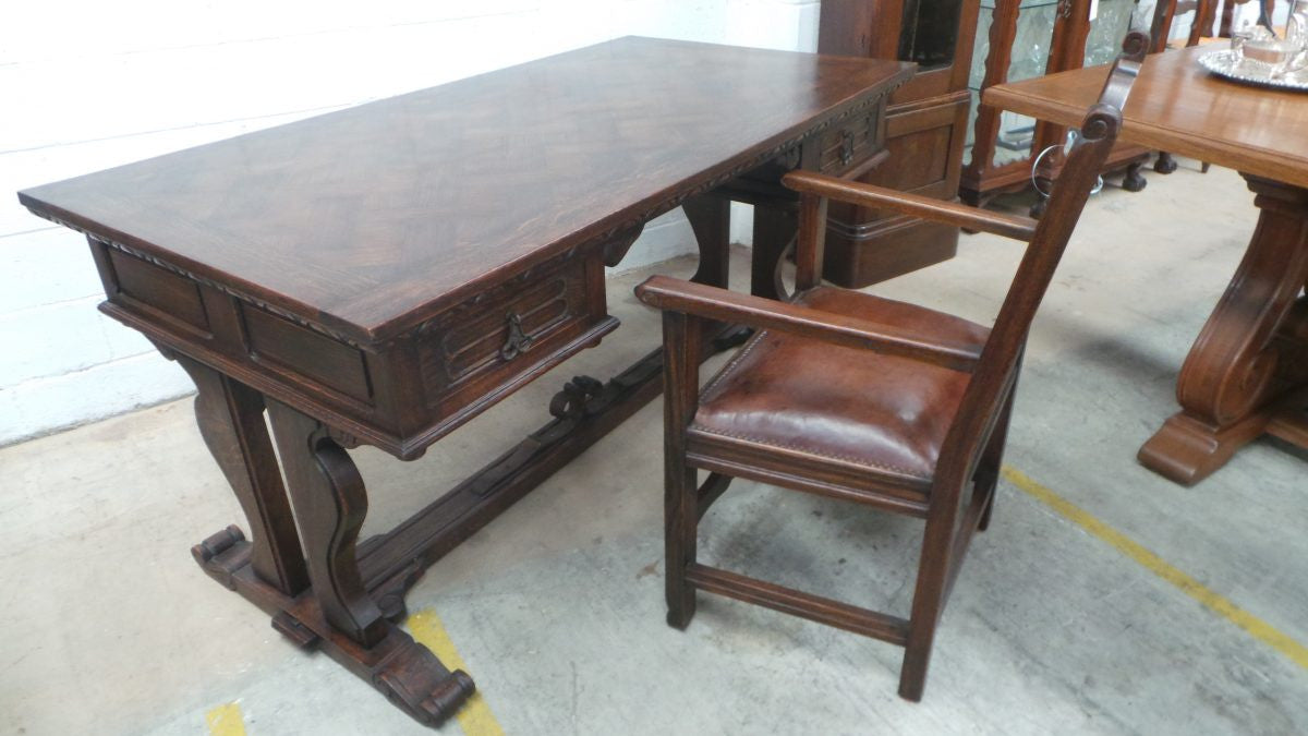 French Oak Desk With A Parquetry Top