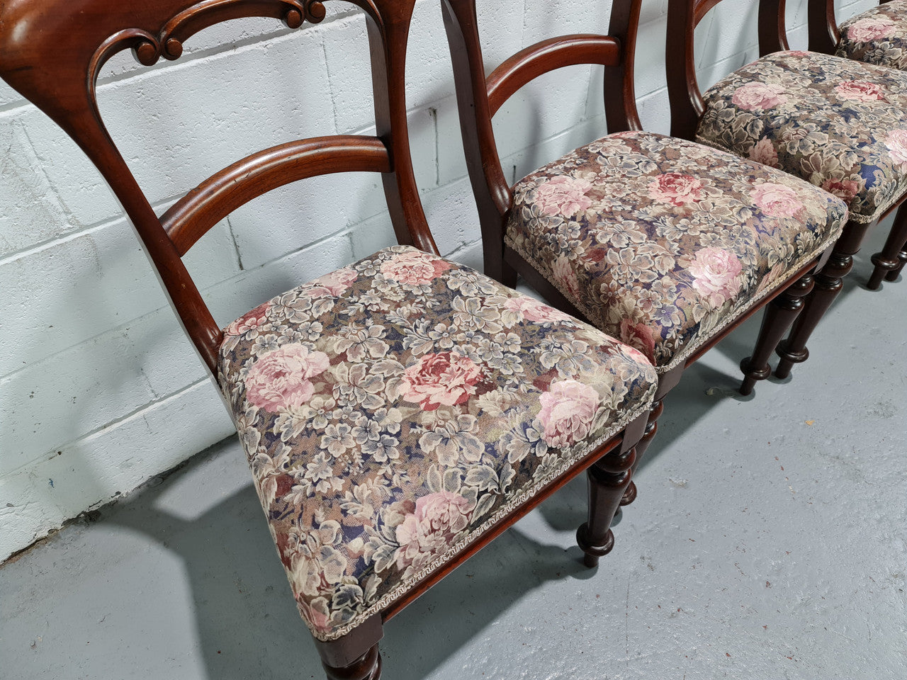 Set of Four Victorian upholstered cedar balloon back chairs. In good original detailewd condition, fabric is also in good used condition.