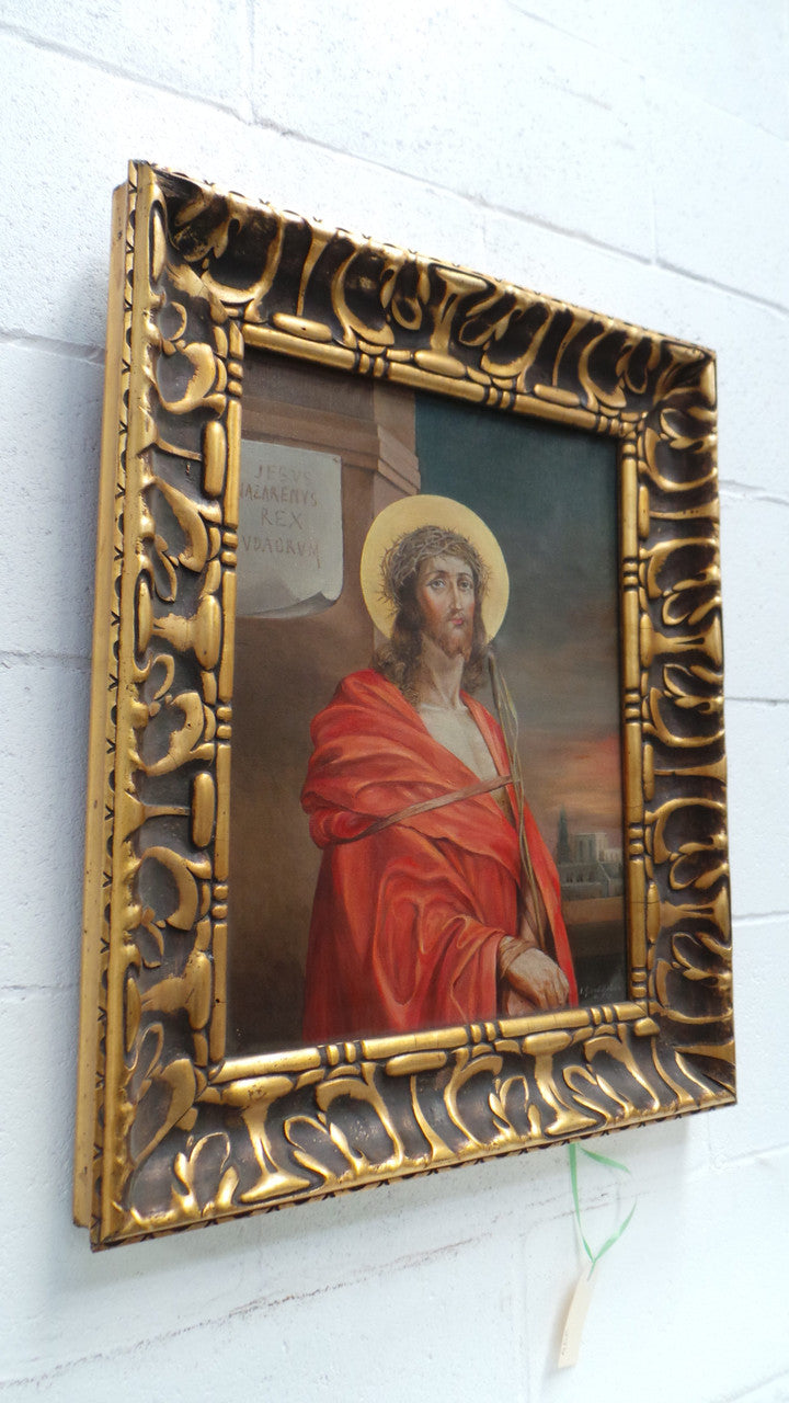 Superbly Painted Oil On Canvas Of Jesus In An Ornate Antique Gilt Decorated Frame.