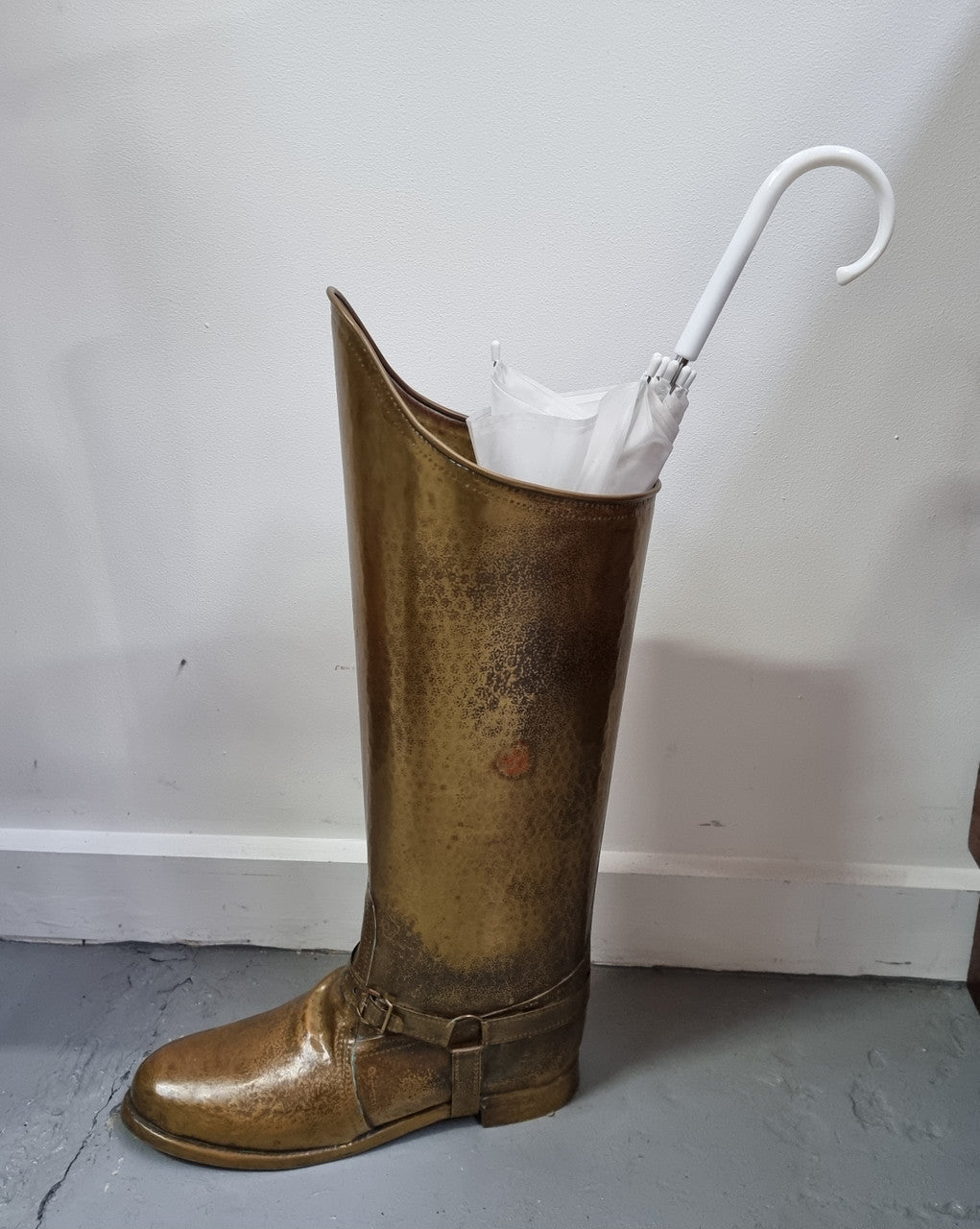 Fabulous French brass decorative boot for storing your umbrellas for walking sticks in good condition. makers stamp underneath .