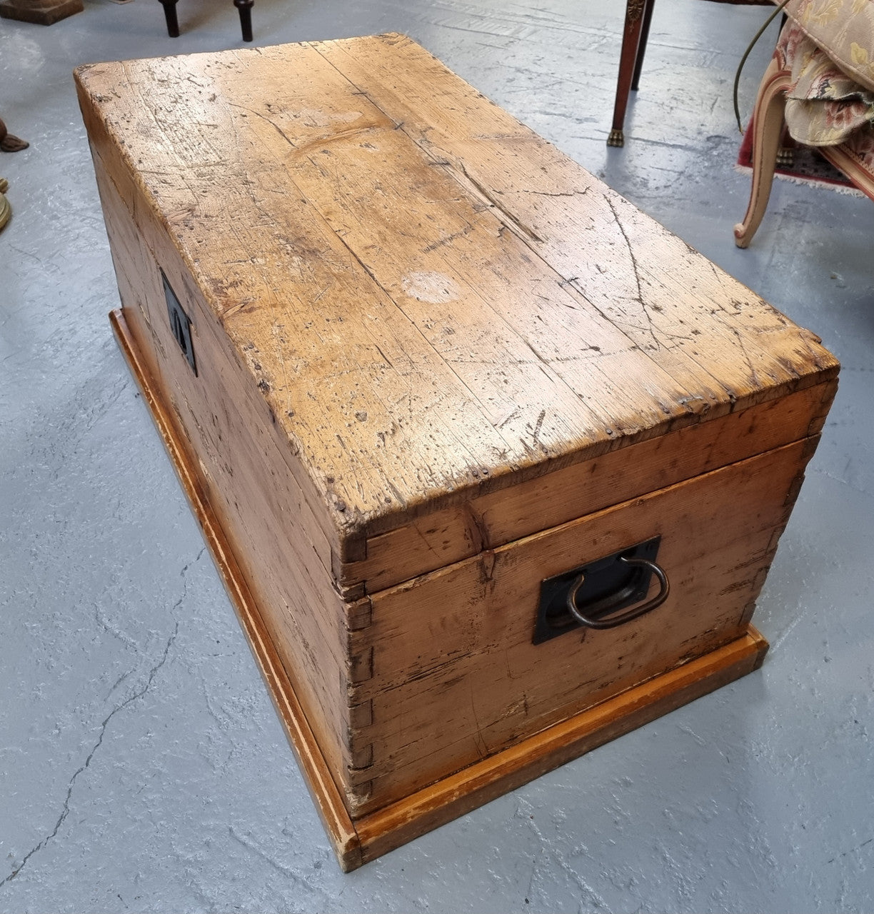 Lovely Pine chest / blanket box with loads of rustic character and iron hardware. This piece would also make a great coffee table, and is in good original condition.