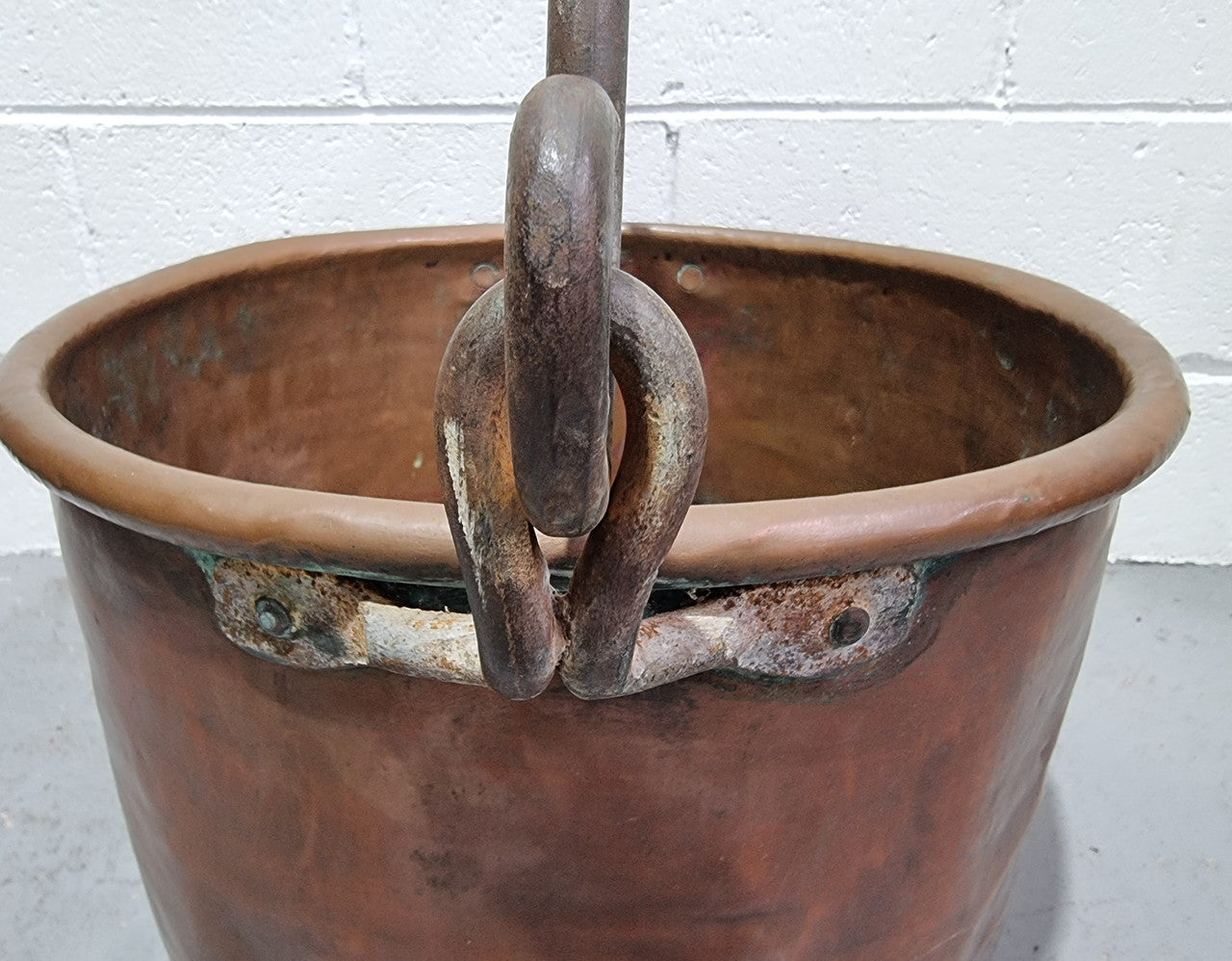Antique French Copper firewood handled bucket. It is in good original detailed condition.