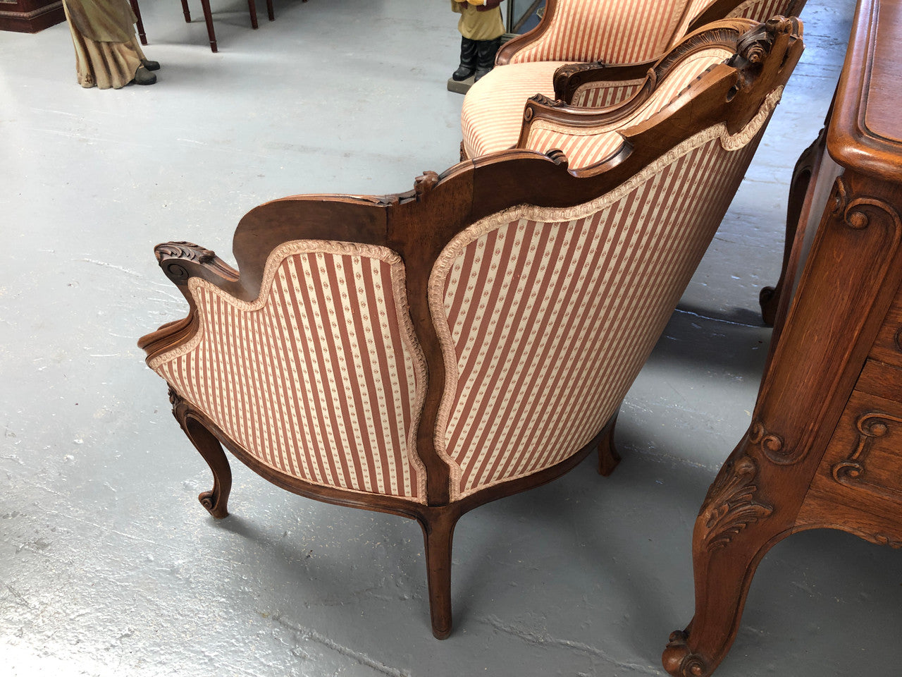 High Quality Antique Pair Of French Walnut Upholstered Arm Chairs