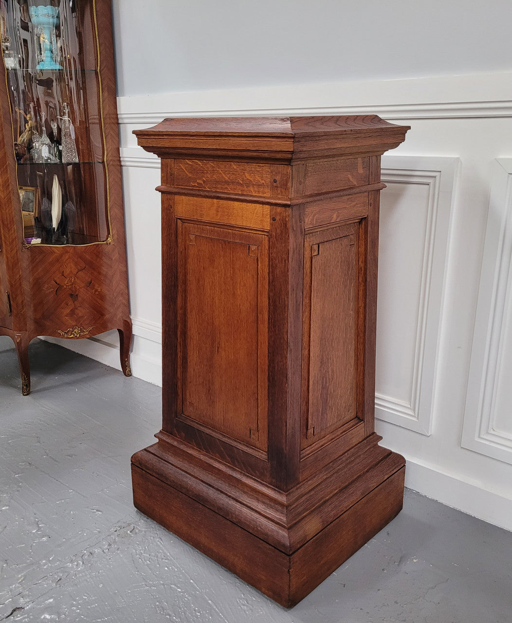 Sourced From France a large French oak pedestal. It is in good original detailed condition.