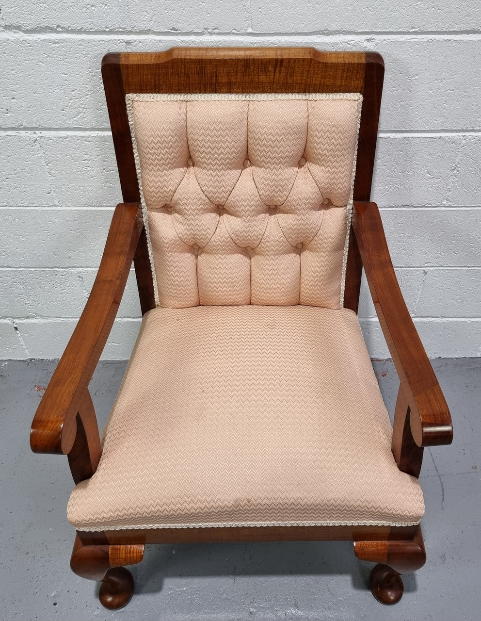 Australian Fiddleback Blackwood upholstered armchair with queen anne legs. In good original condition.