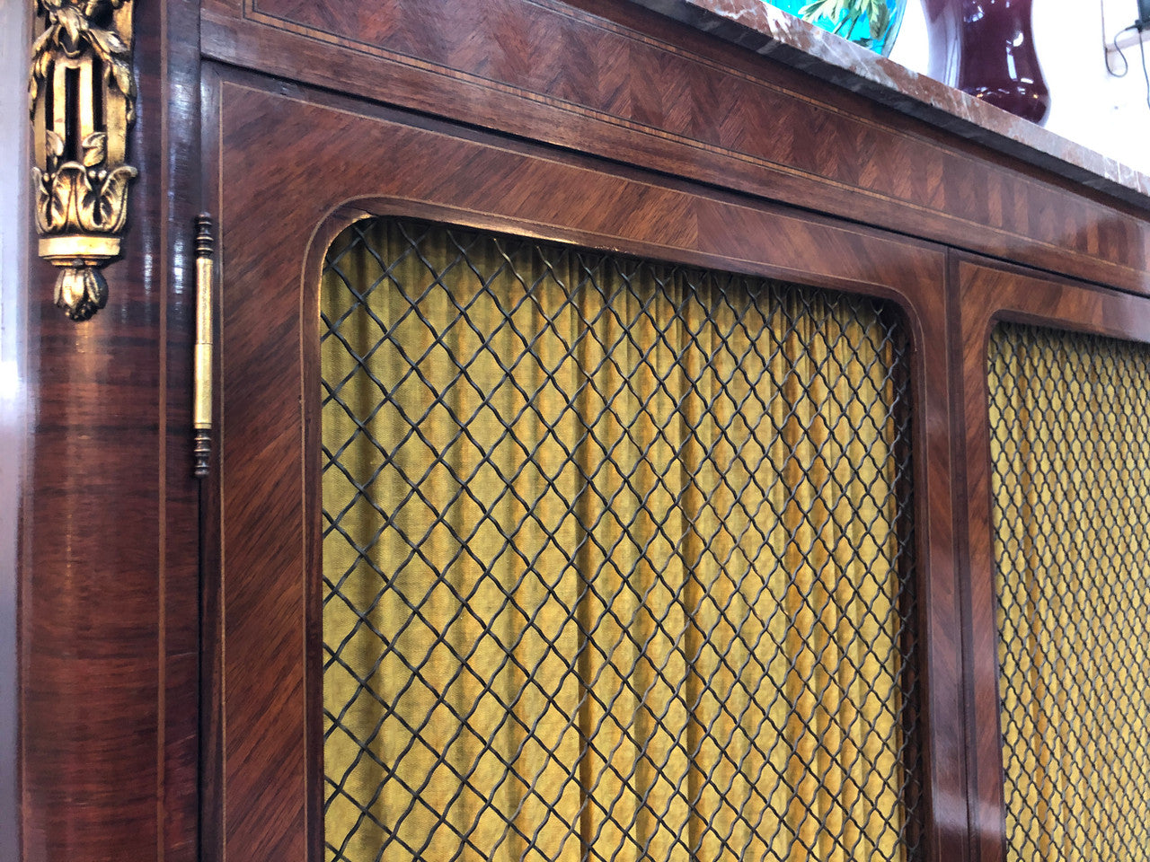 Beautiful 19th Century French Louis XV style Mahogany Blind Bookcase. This piece has lovely inlaid doors and ormolu mounts, marble top and four adjustable shelves. In good original detailed condition.